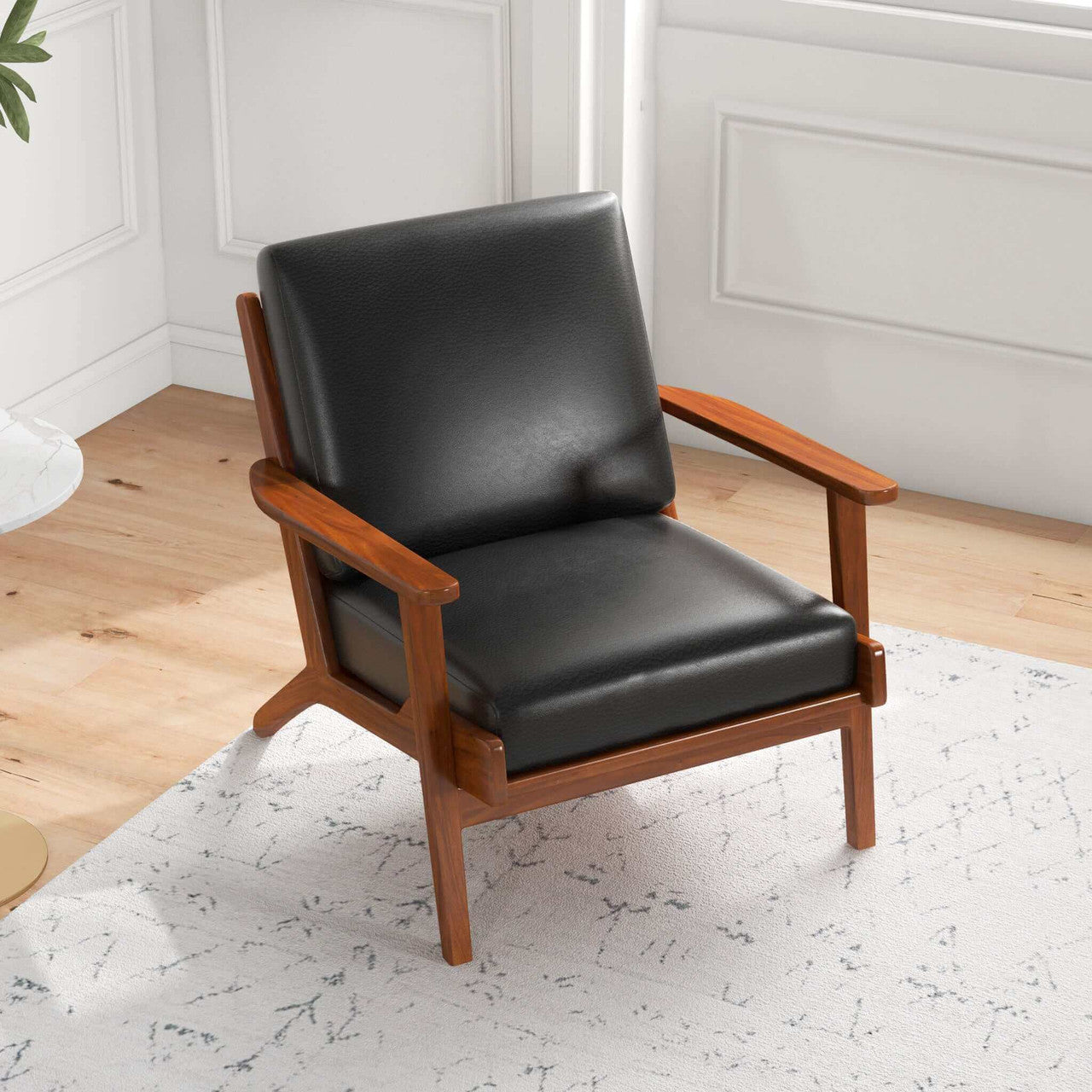 Connor Solid Wood Genuine Leather Lounge Chair - Black