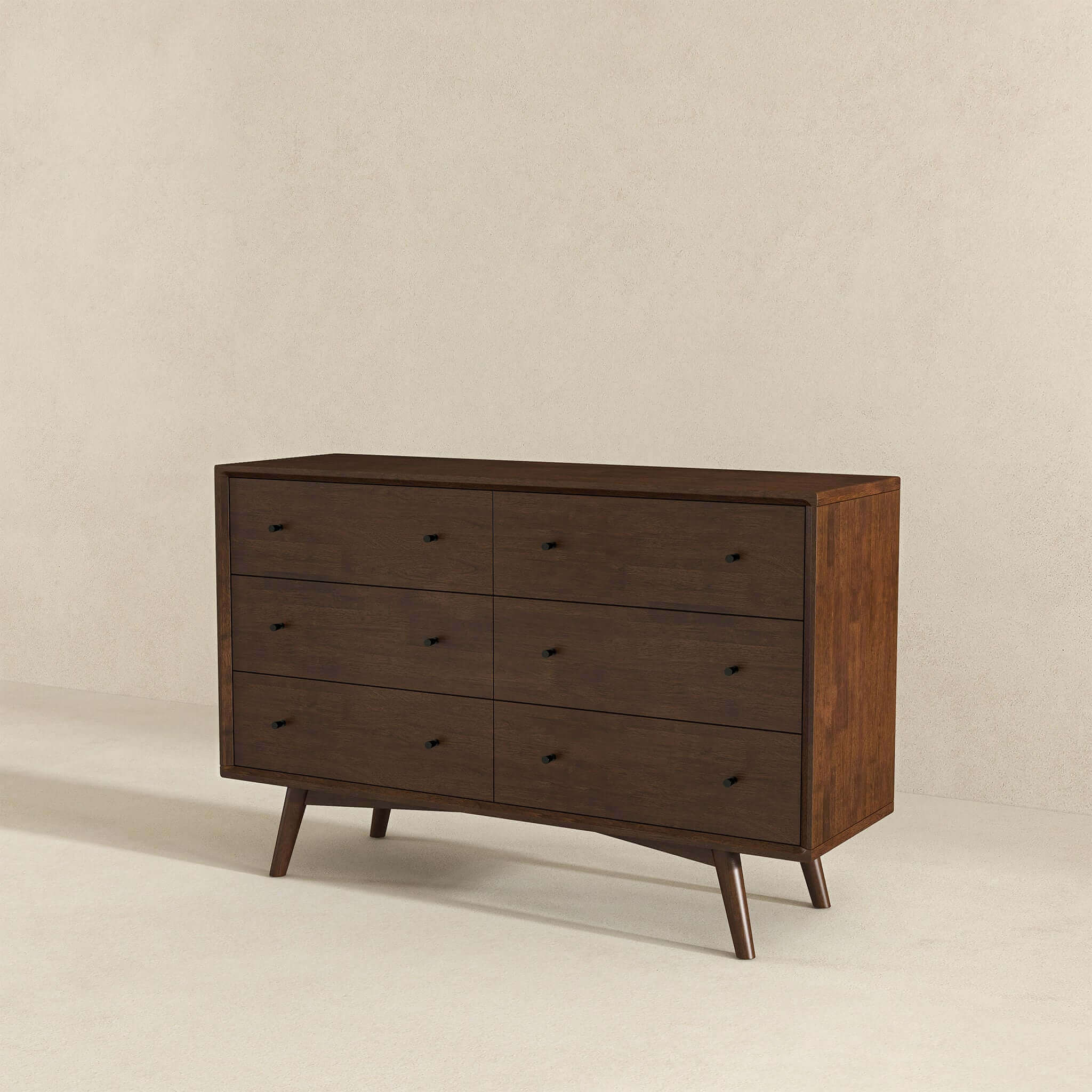 Caroline Mid Century Modern Walnut Dresser 6 Drawer
