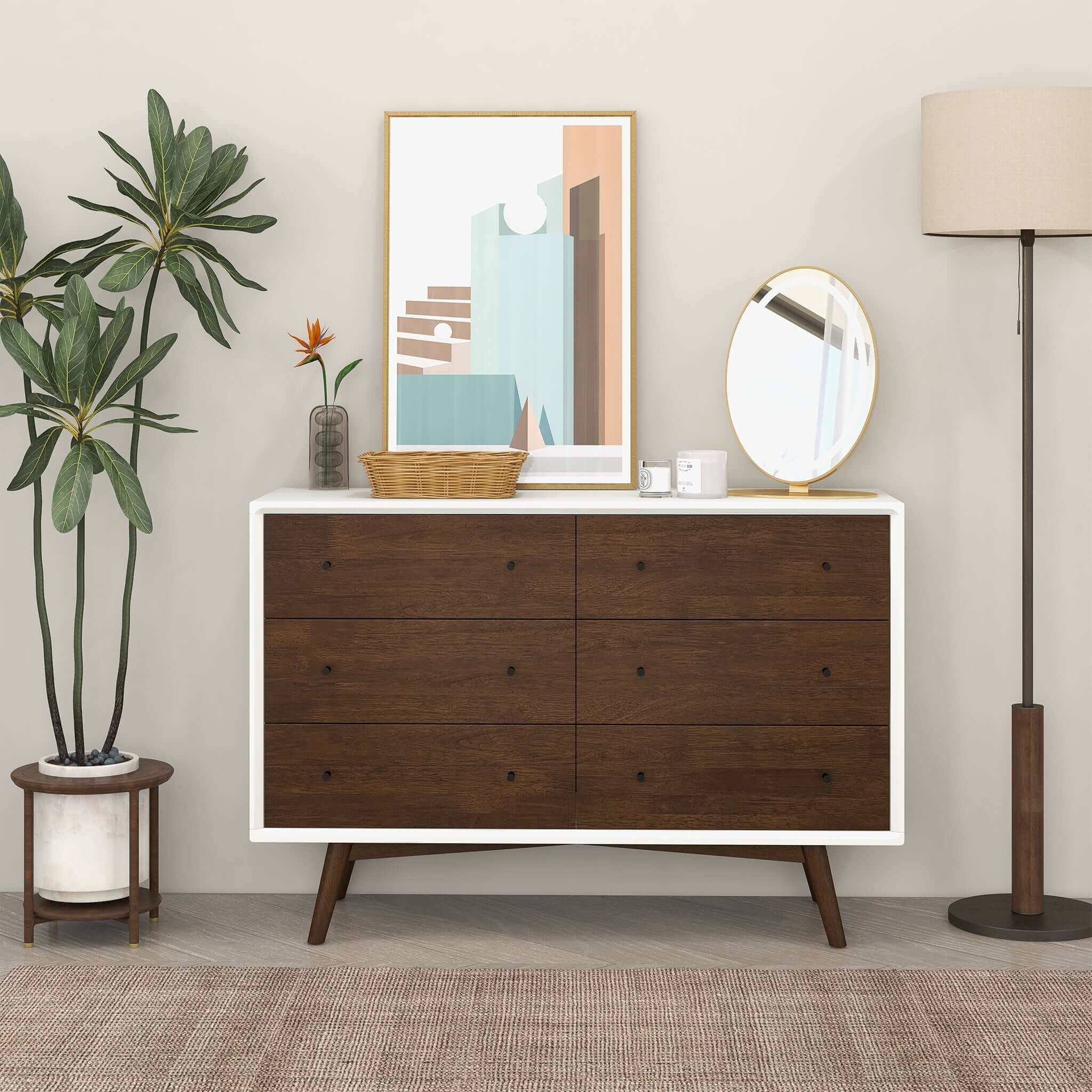 Caroline Mid-Century Modern White Dresser 6 Drawer