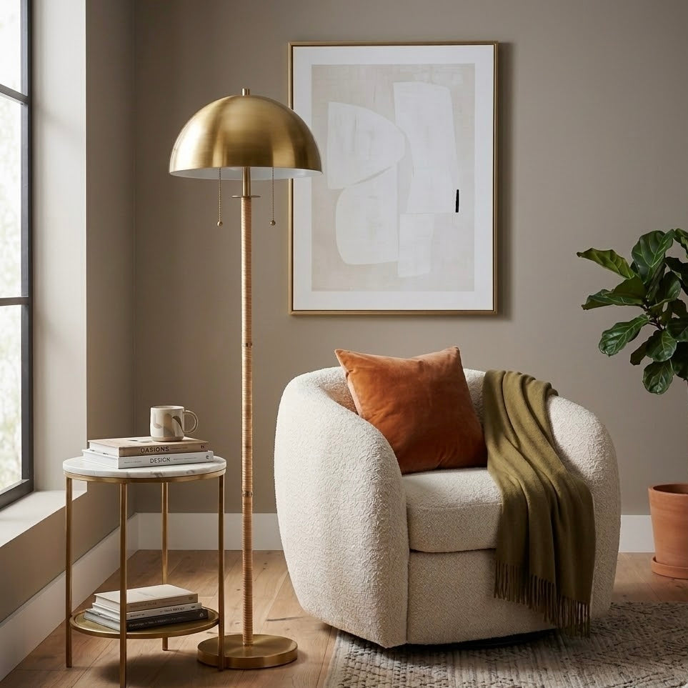 Allure 2-Light Floor Lamp | Gold Brass and Natural Rattan