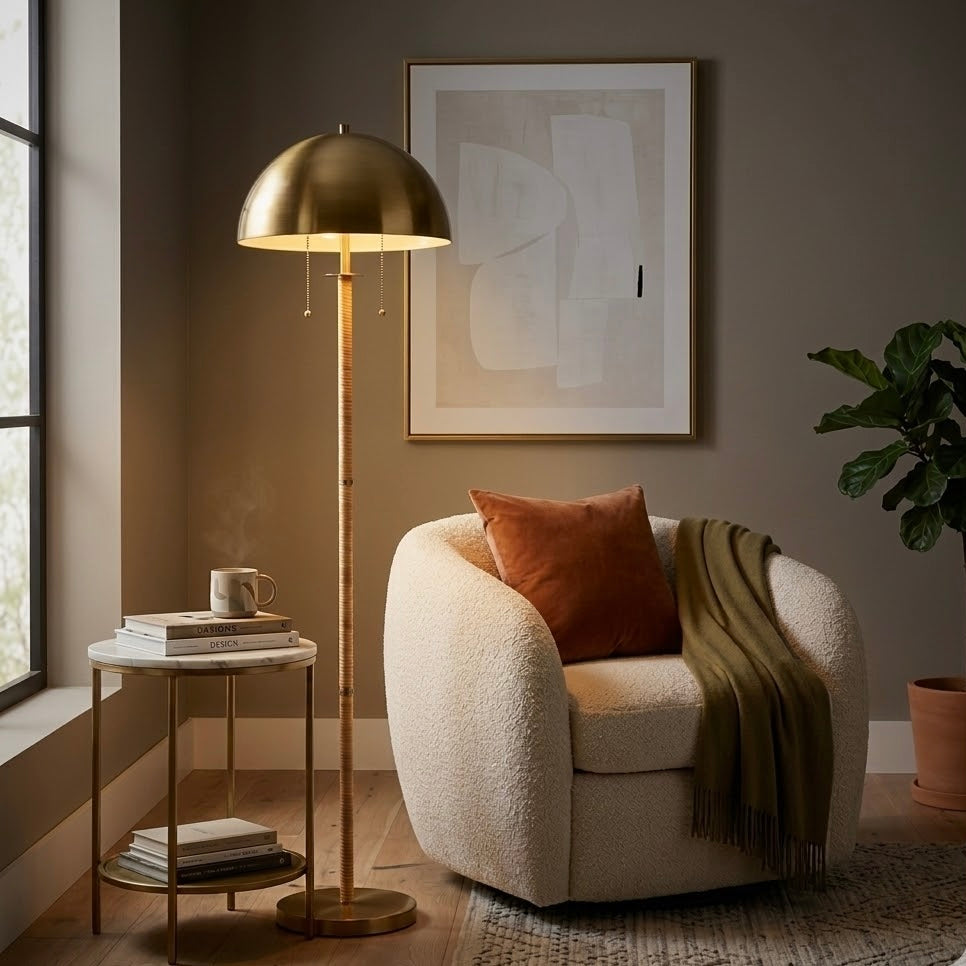 Allure 2-Light Floor Lamp | Gold Brass and Natural Rattan