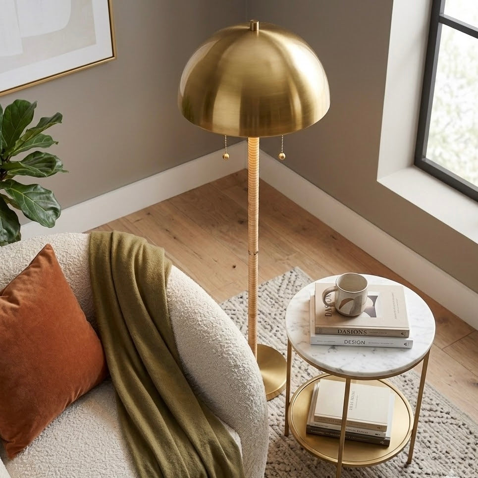 Allure 2-Light Floor Lamp | Gold Brass and Natural Rattan