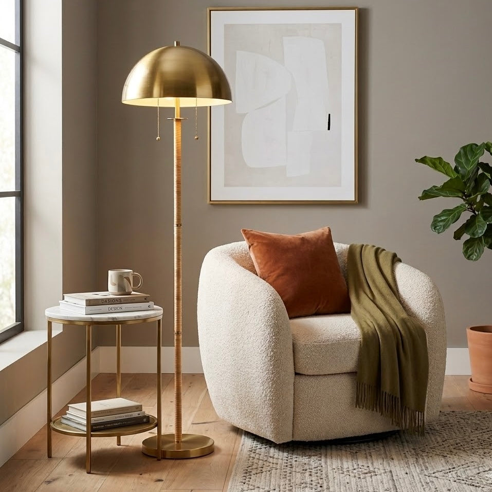 Allure 2-Light Floor Lamp | Gold Brass and Natural Rattan