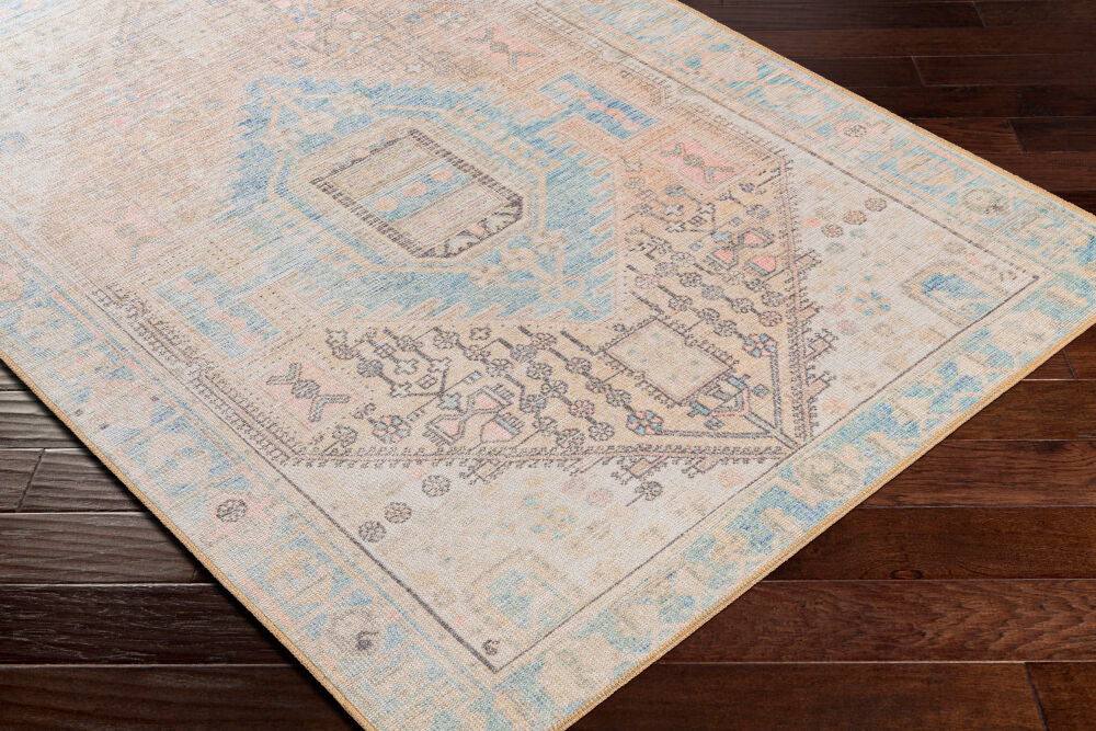 Alanya Coral/Sage Machine Woven Rug - corner