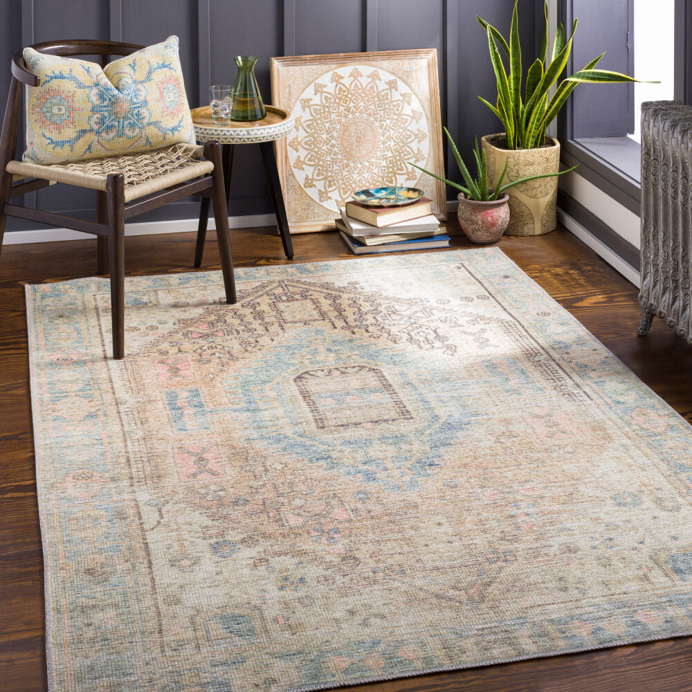 Alanya Coral/Sage Machine Woven Rug - roomscene