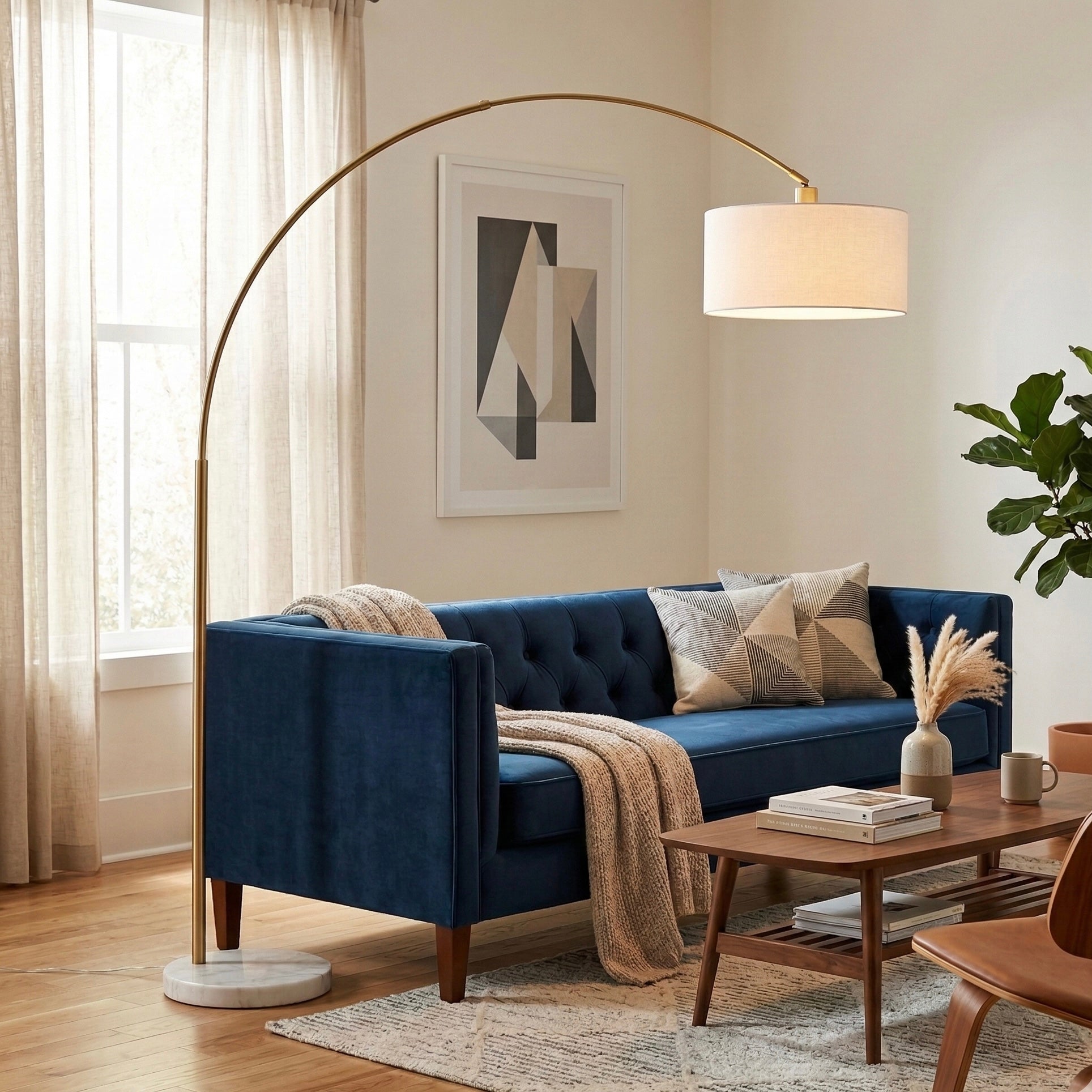 Ambient Arch Gold Brass Floor Lamp with Large Fabric Shade