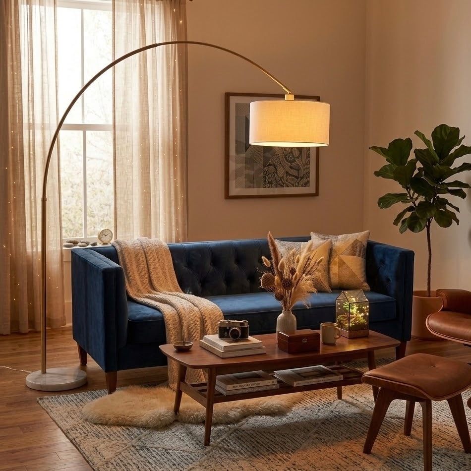 Ambient Arch Gold Brass Floor Lamp with Large Fabric Shade
