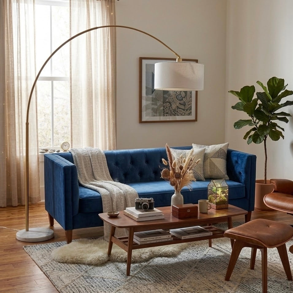 Ambient Arch Gold Brass Floor Lamp with Large Fabric Shade