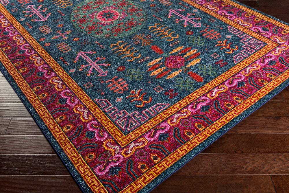 Anika Aqua/Yellow Machine Woven Rug - corner