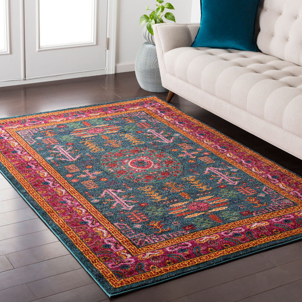 Anika Aqua/Yellow Machine Woven Rug - roomscene