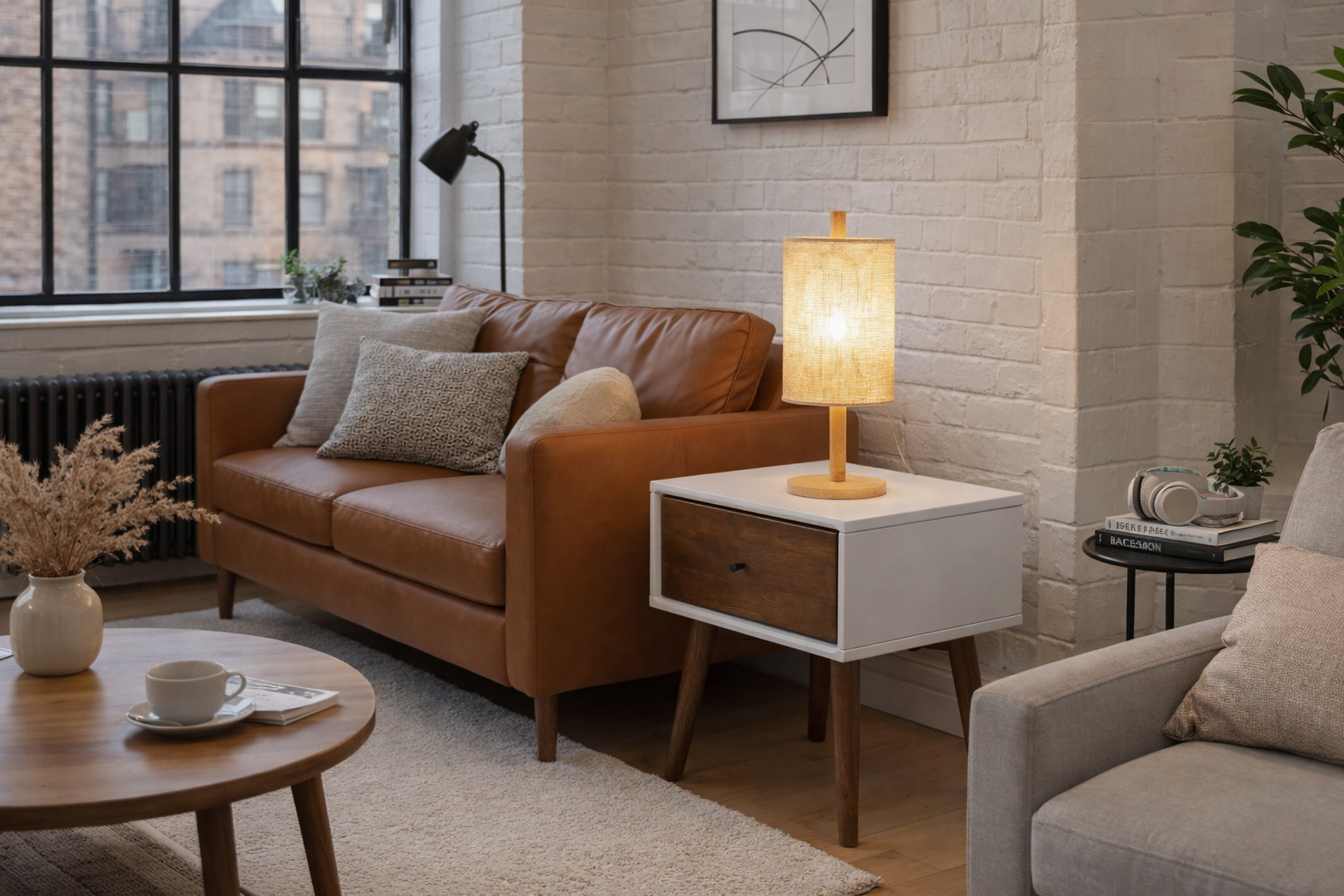 Arcana Table Lamp | Natural Oak and Cylindrical Woven Shade
