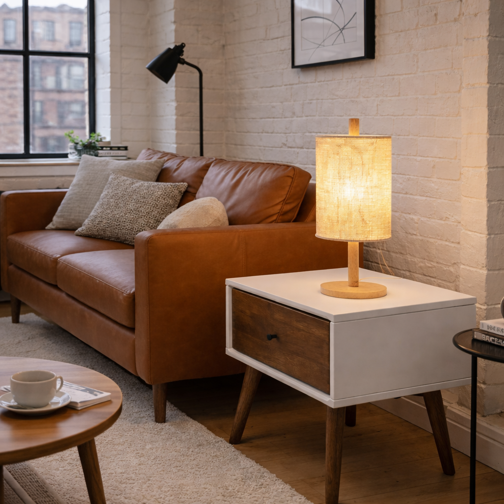 Arcana Table Lamp | Natural Oak and Cylindrical Woven Shade