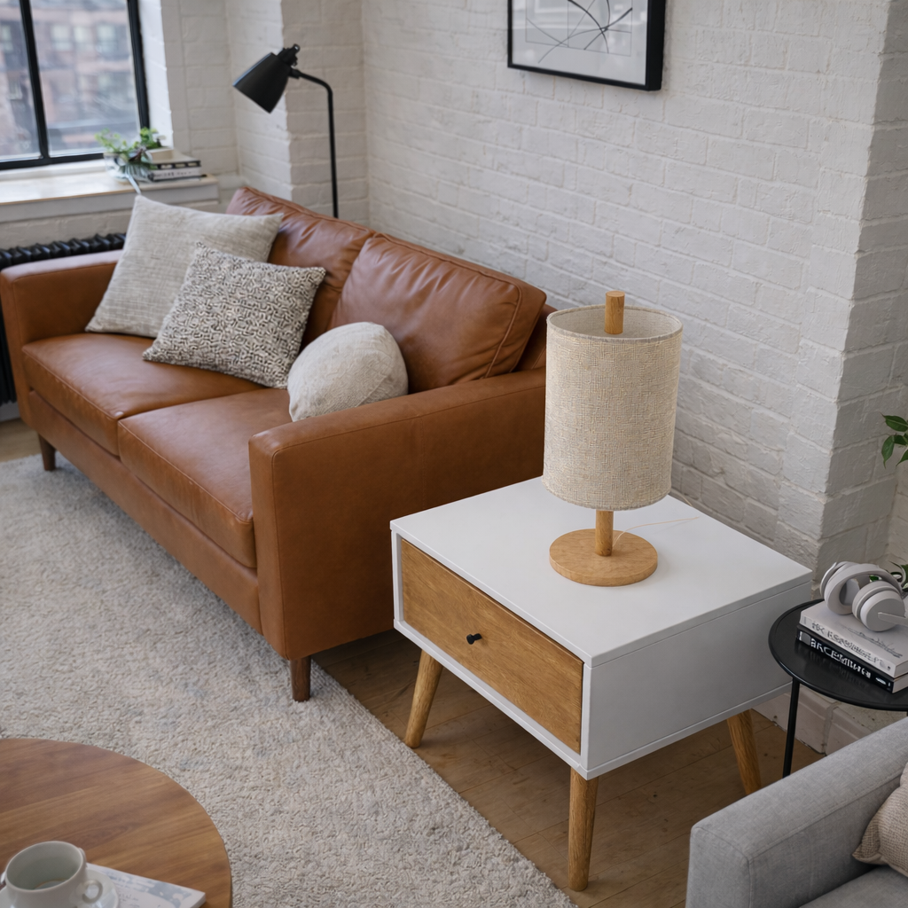 Arcana Table Lamp | Natural Oak and Cylindrical Woven Shade