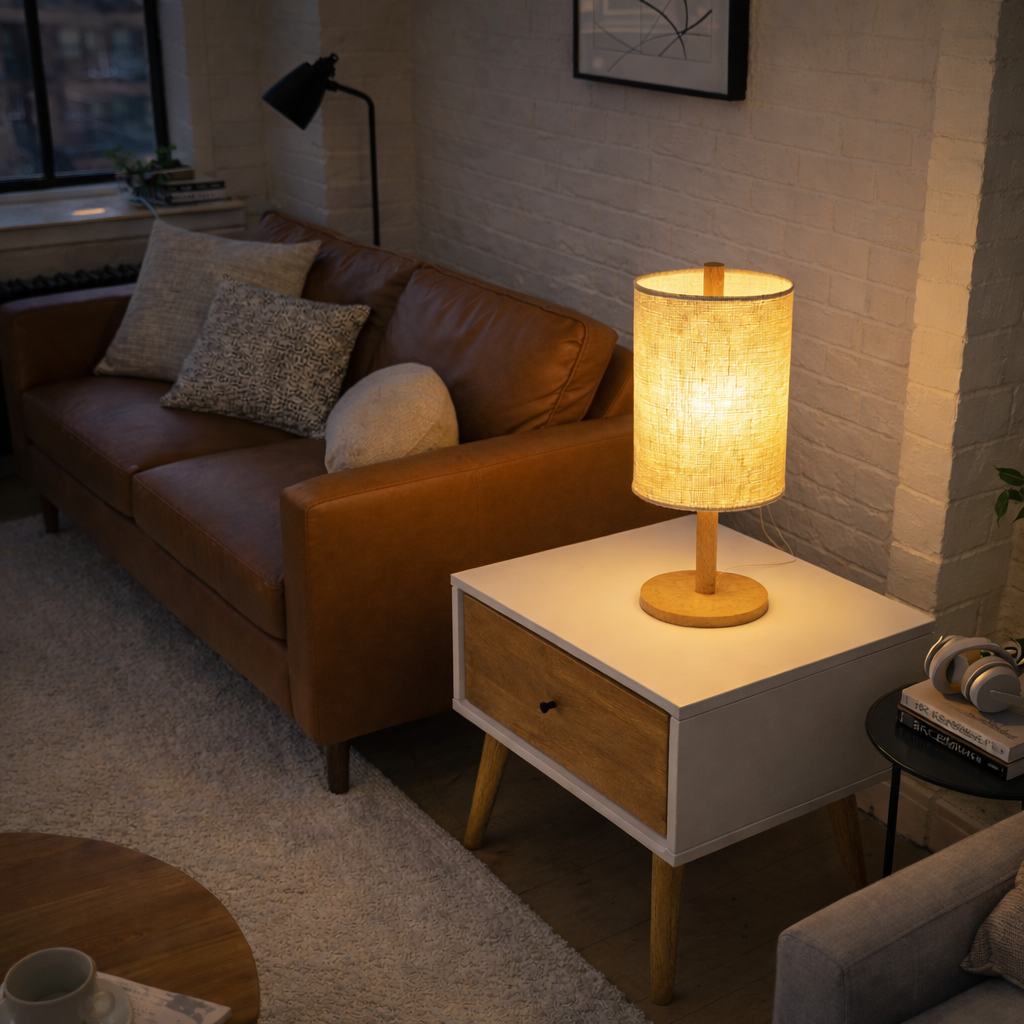 Arcana Table Lamp | Natural Oak and Cylindrical Woven Shade