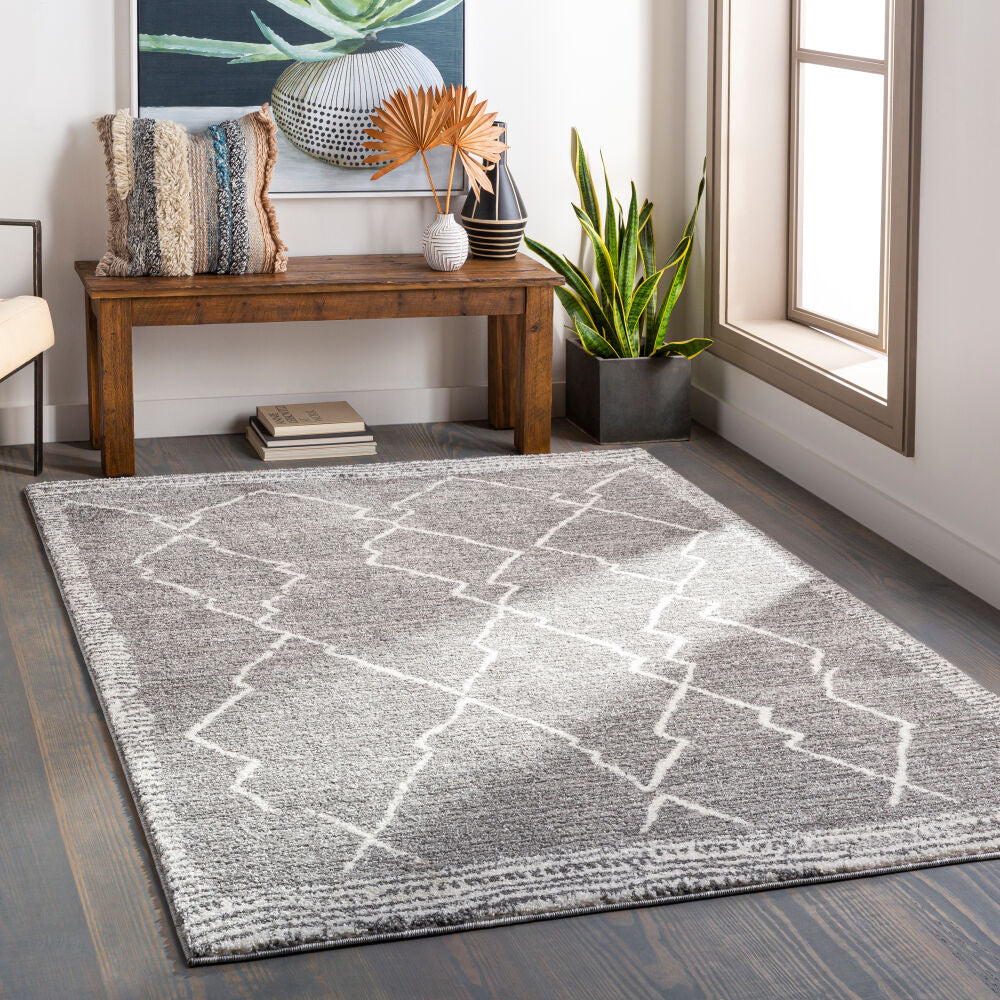 Andorra Charcoal/Off-White Machine Woven Rug - roomscene