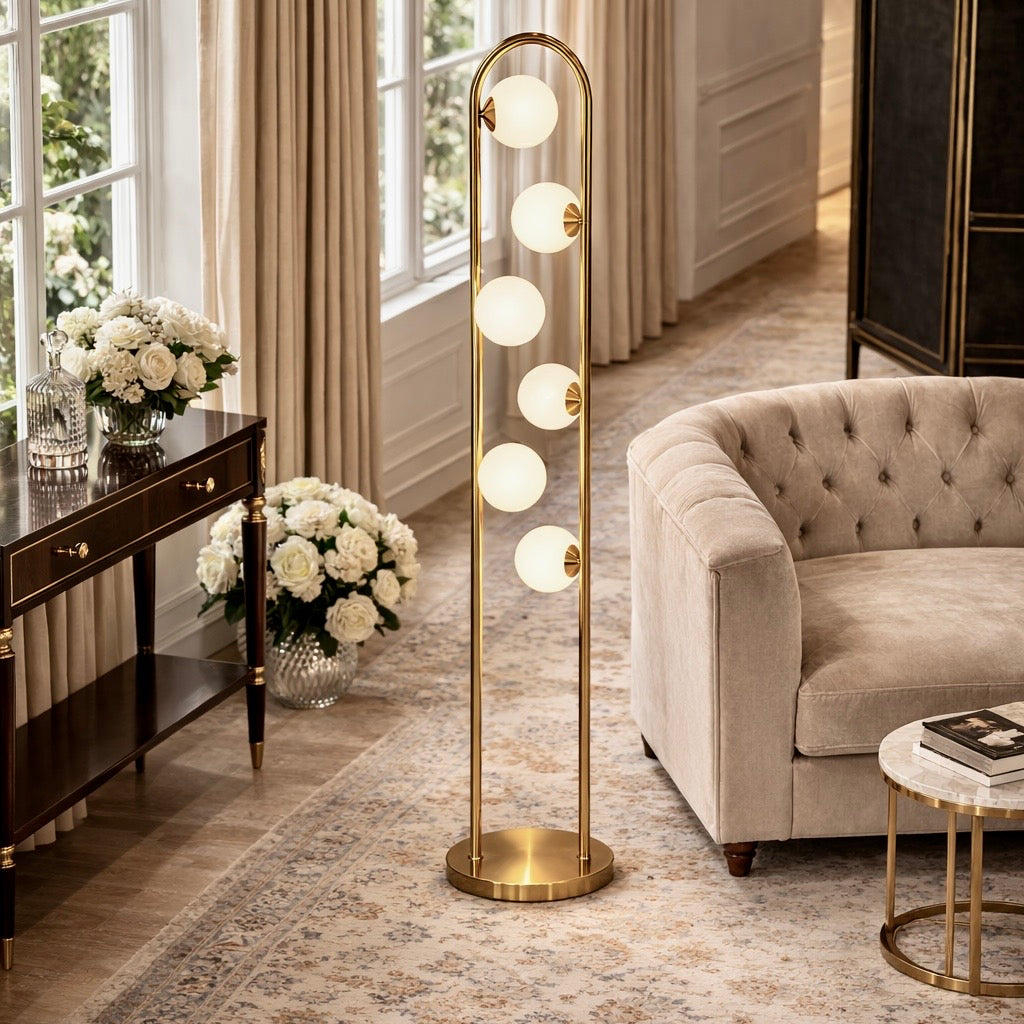 Artema Floor Lamp | White Frosted Globes and Brass Frame