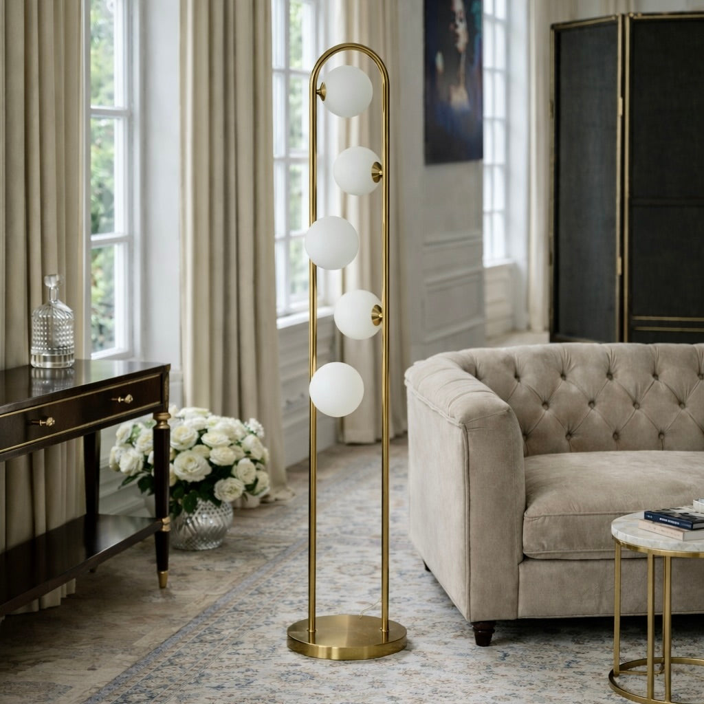 Artema Floor Lamp | White Frosted Globes and Brass Frame