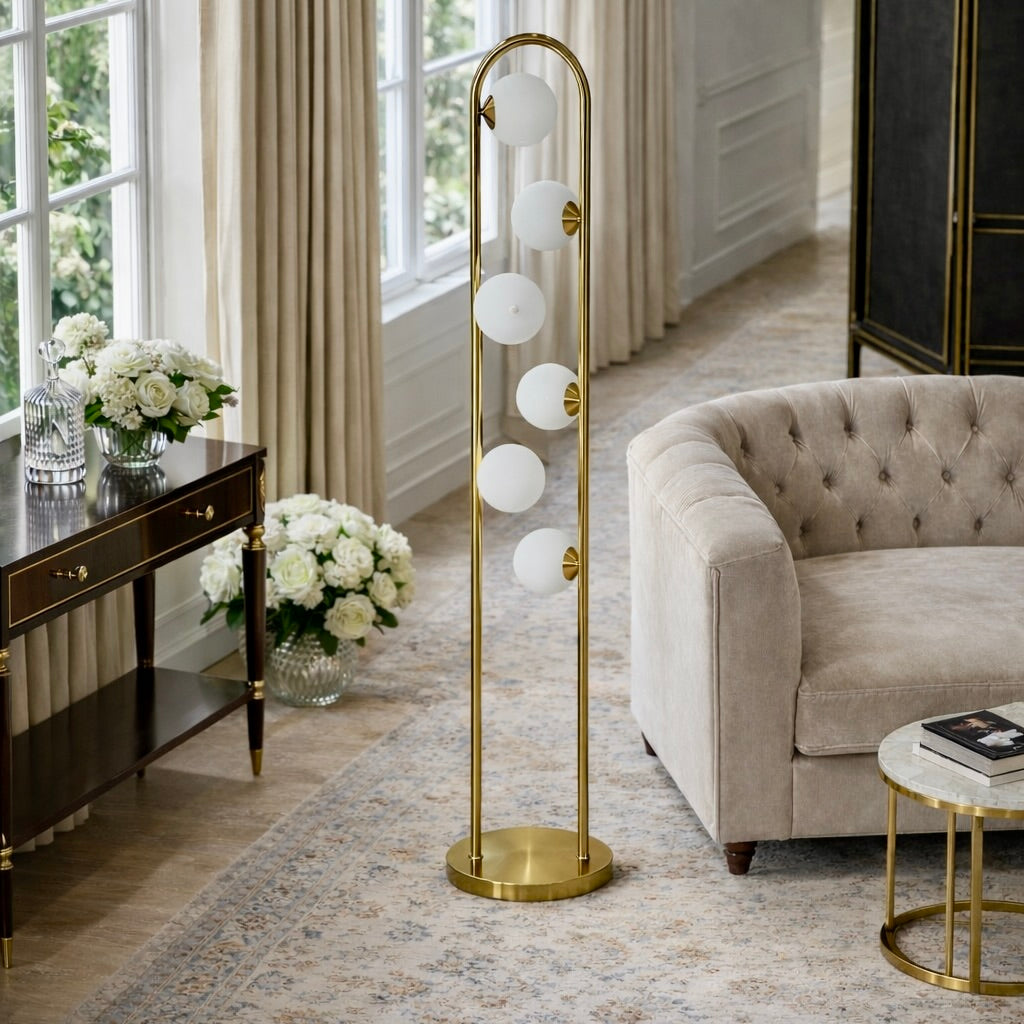 Artema Floor Lamp | White Frosted Globes and Brass Frame