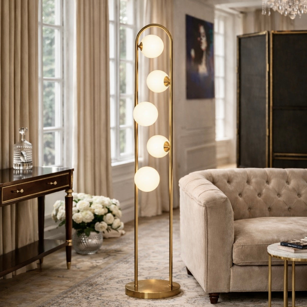 Artema Floor Lamp | White Frosted Globes and Brass Frame