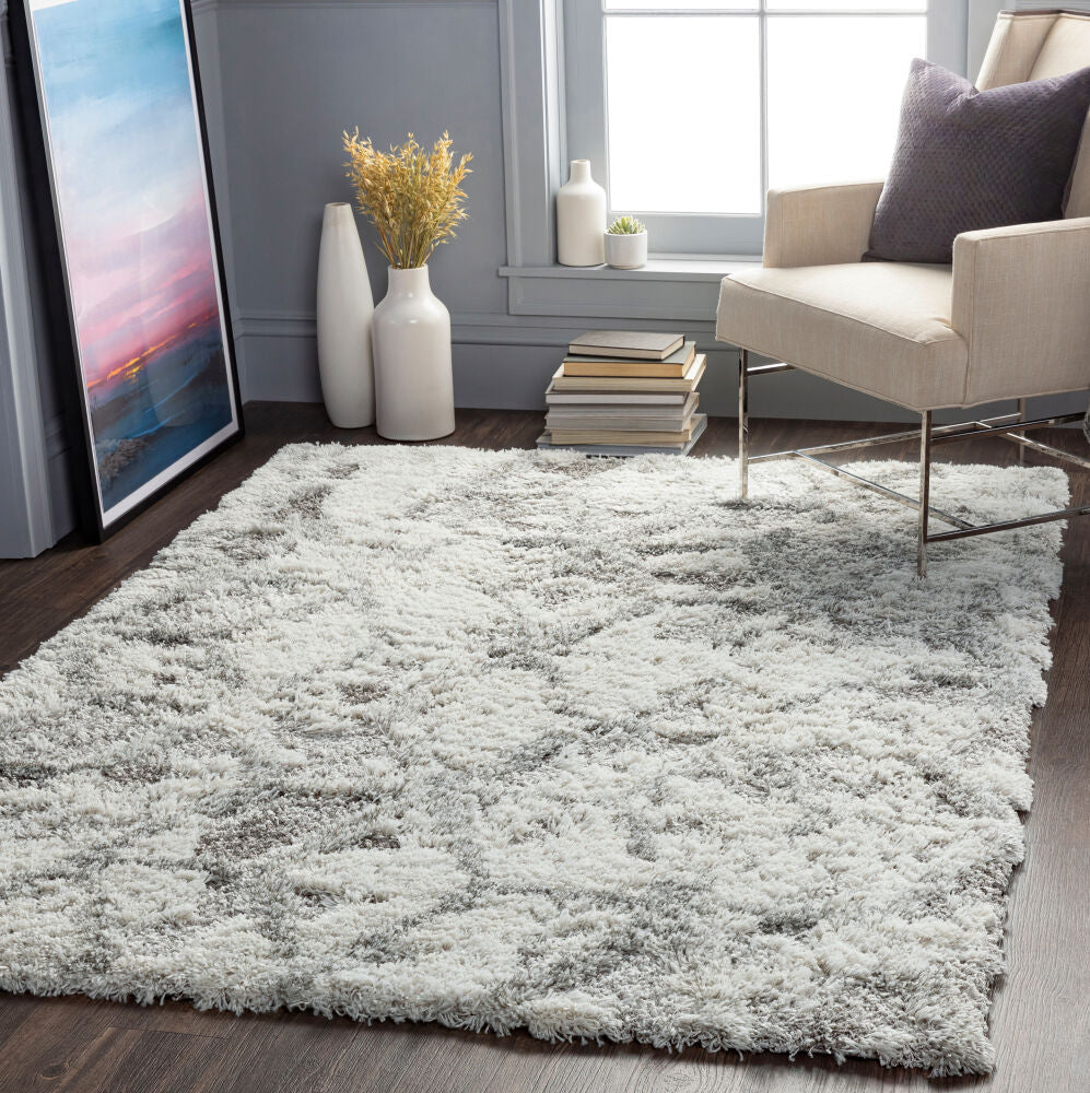 Alta Shag Light Gray/Off-White Machine Woven Rug - roomscene