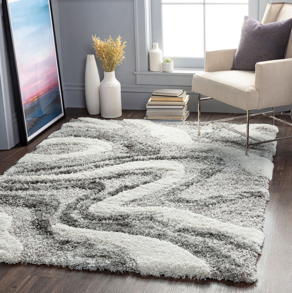 Alta Shag Charcoal/Off-White Machine Woven Rug - roomscene