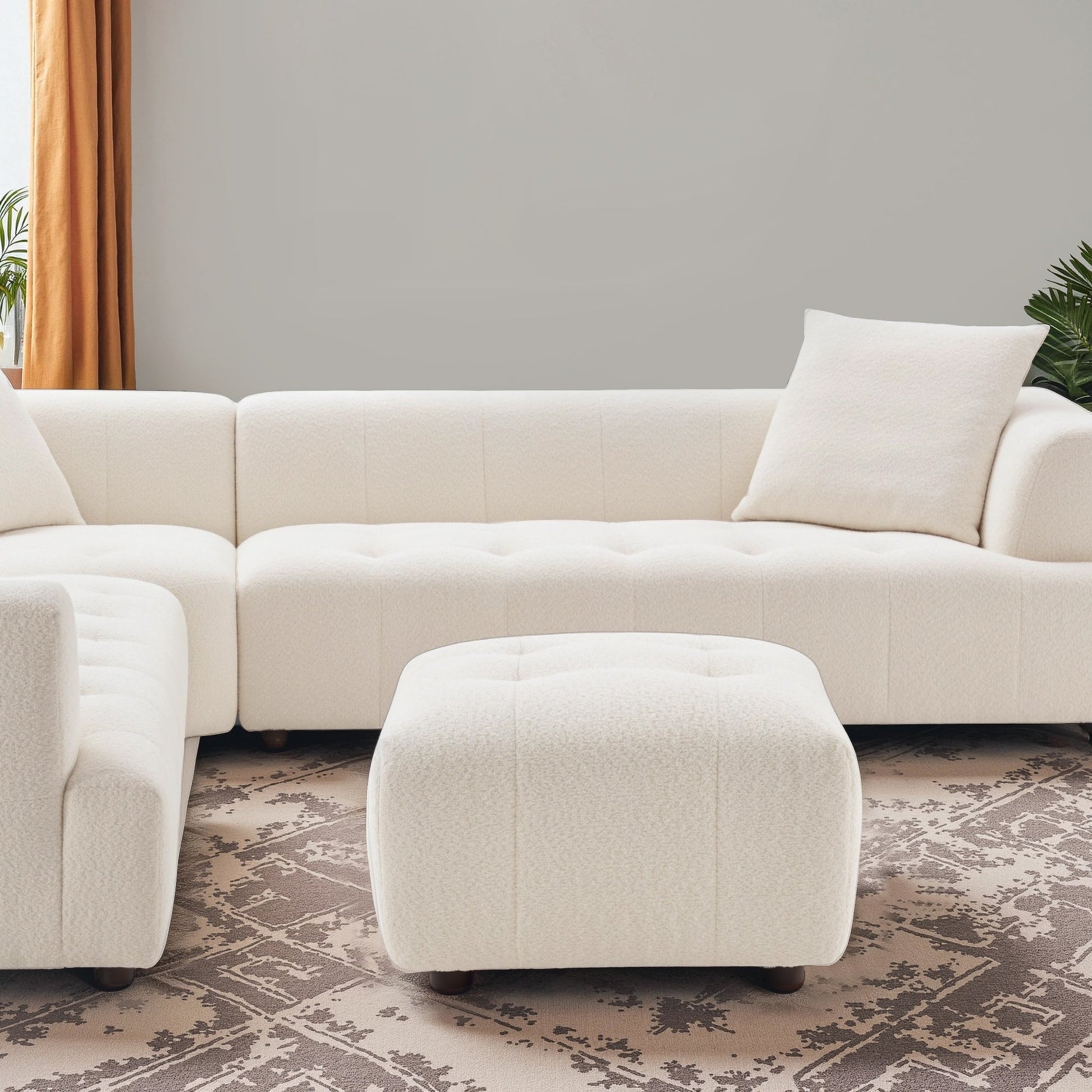 Kaynes Chic Tufted Ivory Boucle Ottoman - Ashcoft Furniture