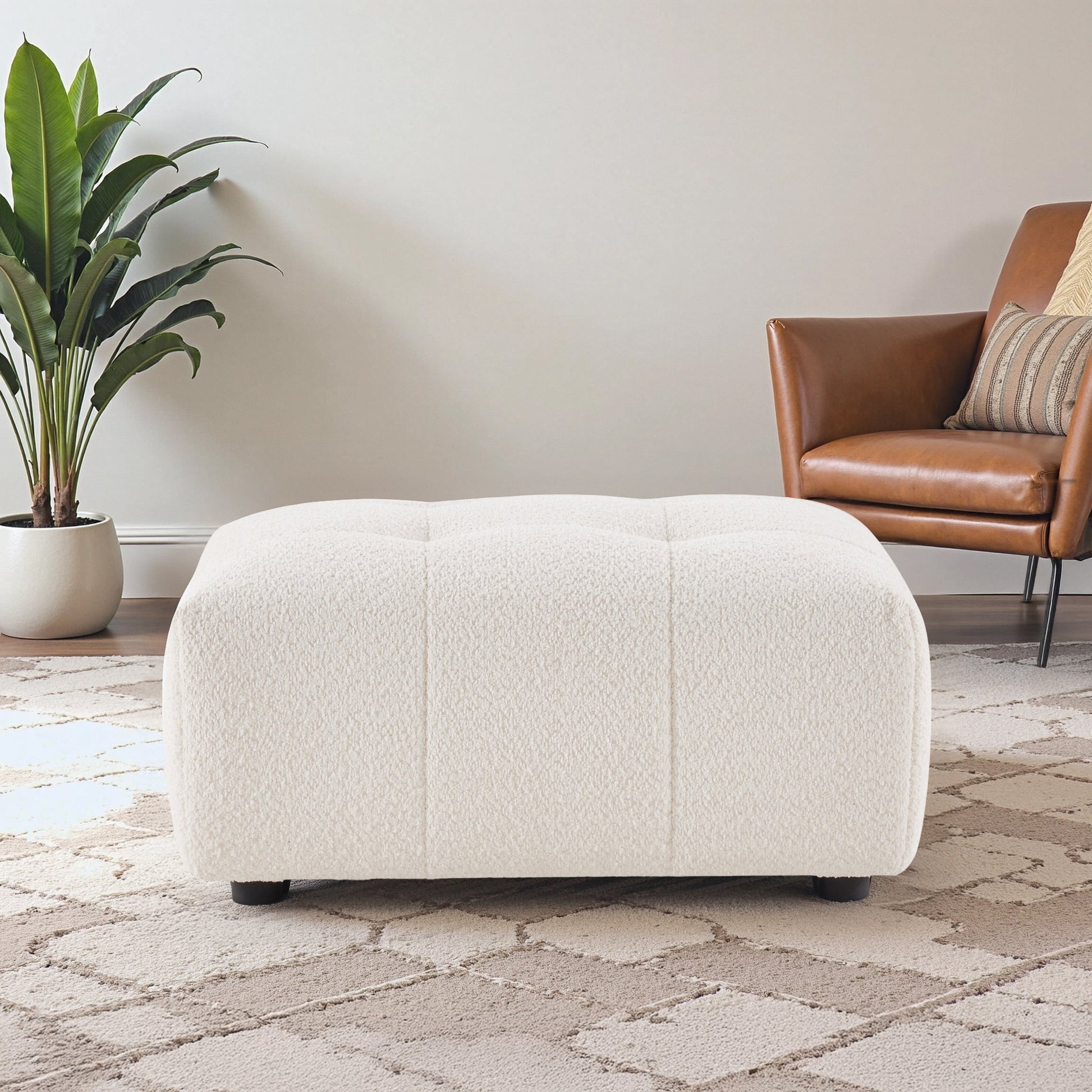 Kaynes Chic Tufted Ivory Boucle Ottoman - Ashcoft Furniture