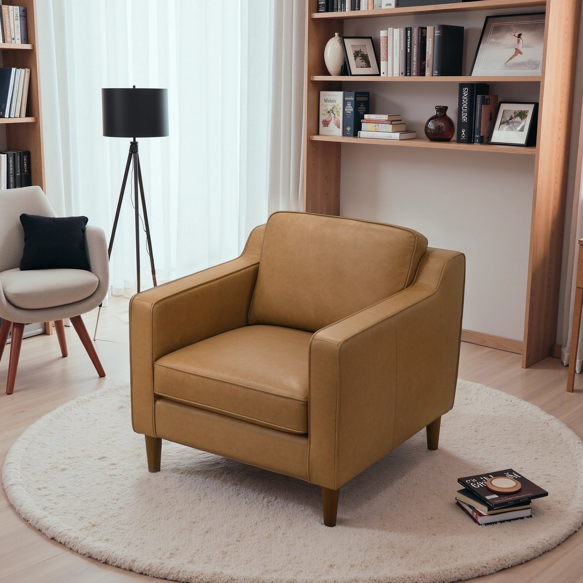 Cooper Stylish Top Grain Leather Lounge Chair with Solid Wood Legs
