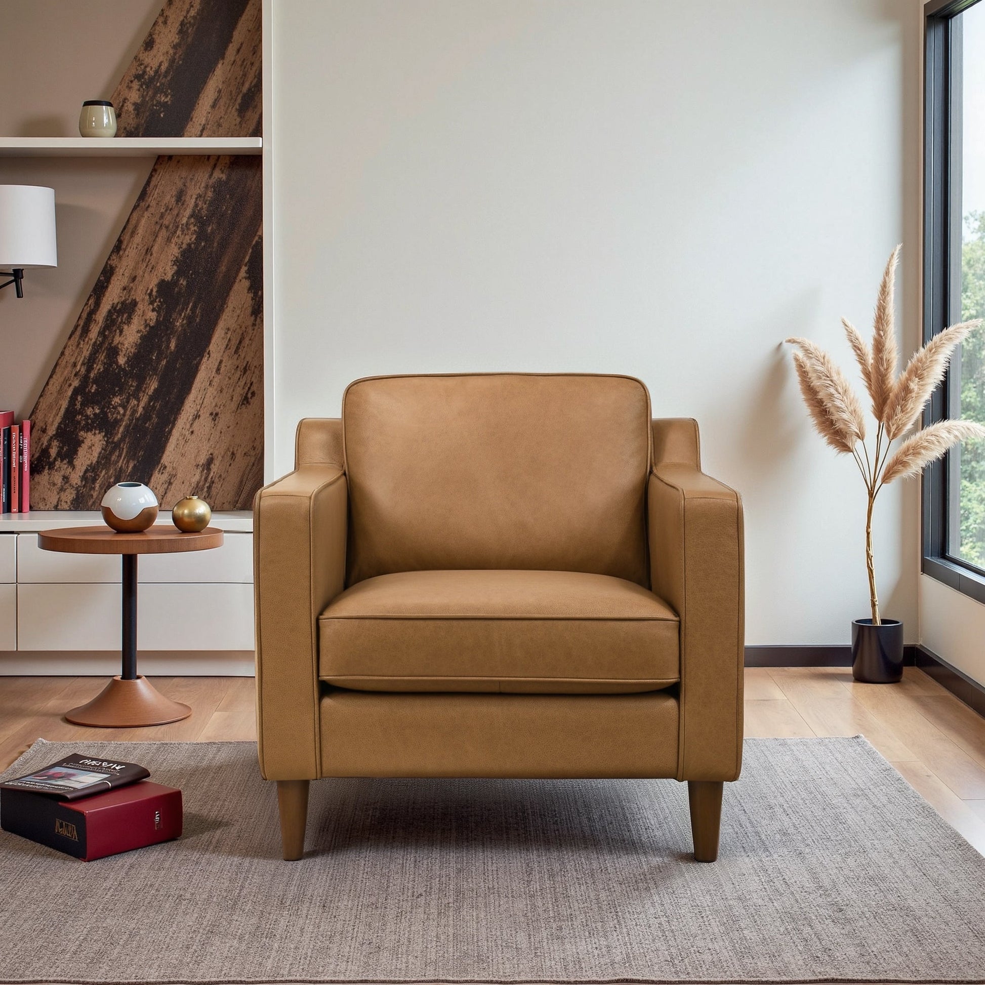 Cooper Stylish Top Grain Leather Lounge Chair with Solid Wood Legs
