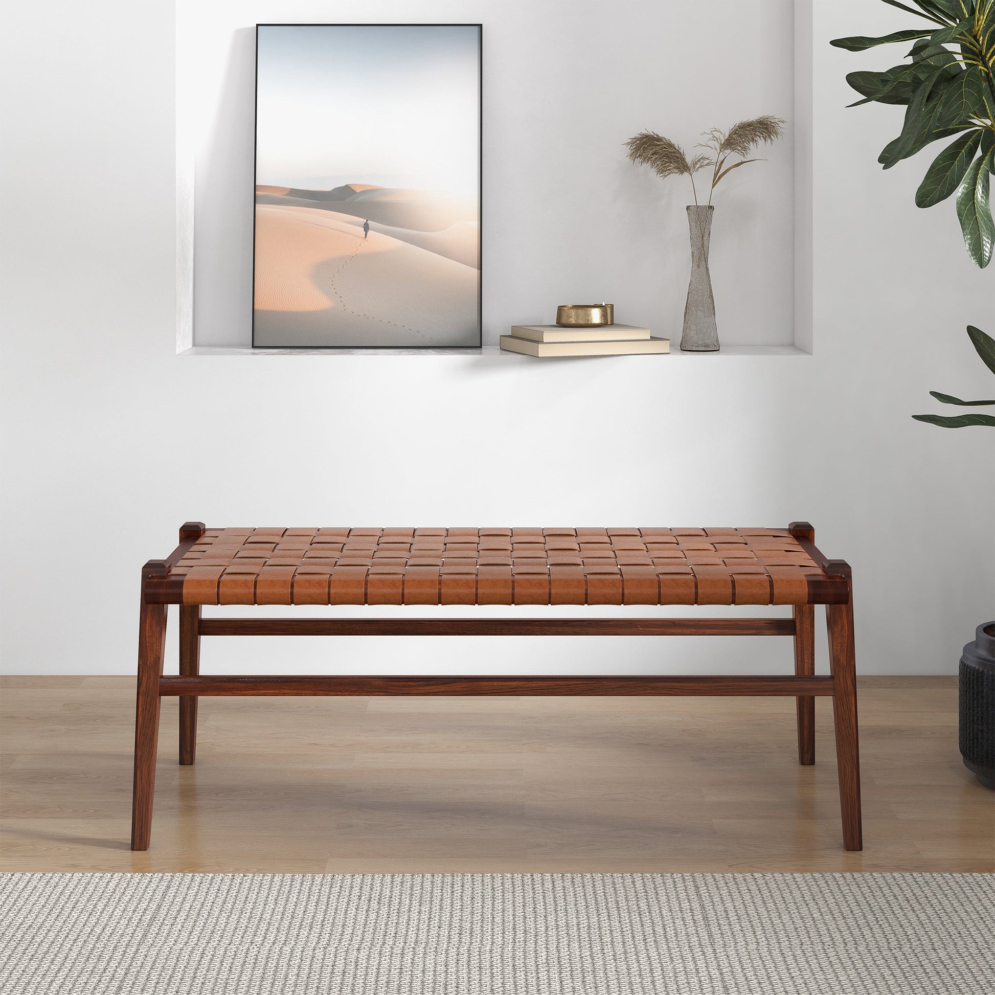 Cody Mid-Century Modern Tan Leather Bench
