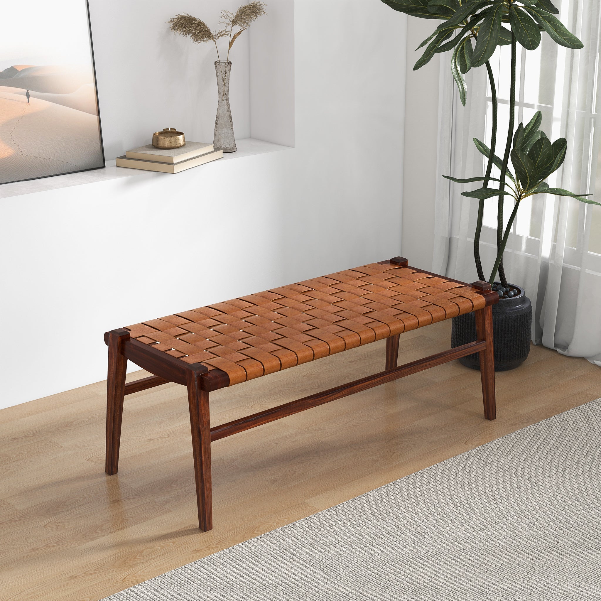 Cody Mid-Century Modern Tan Leather Bench