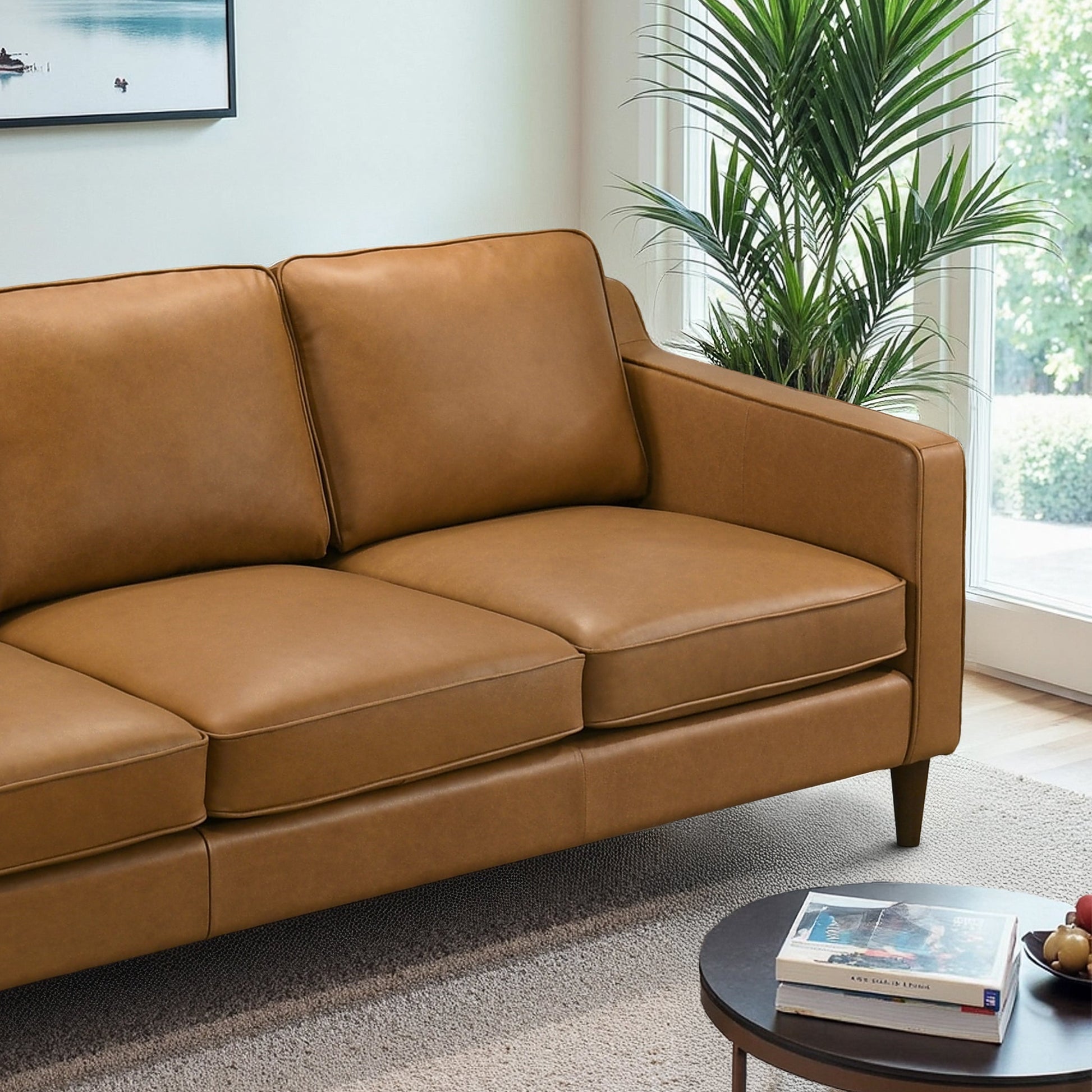 Cooper Mid-Century Modern Tan Genuine Leather Sofa