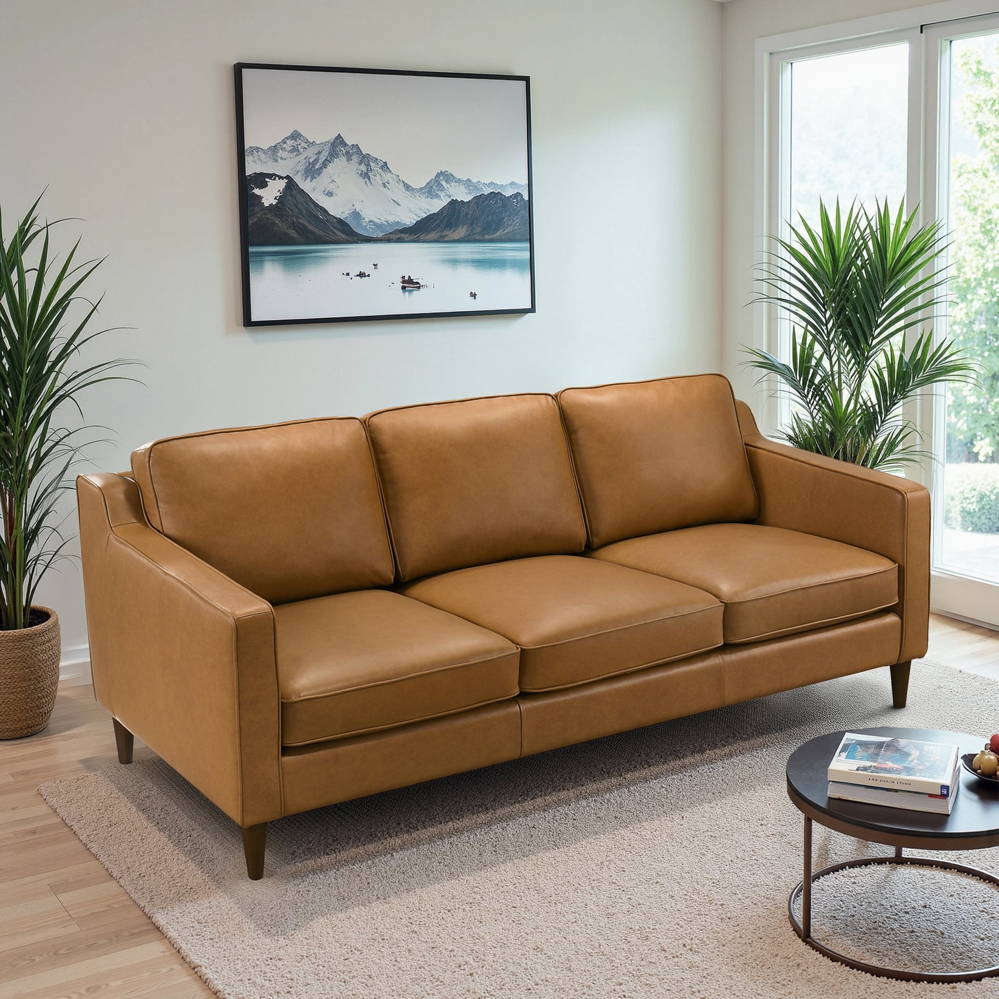 Cooper Mid-Century Modern Tan Genuine Leather Sofa
