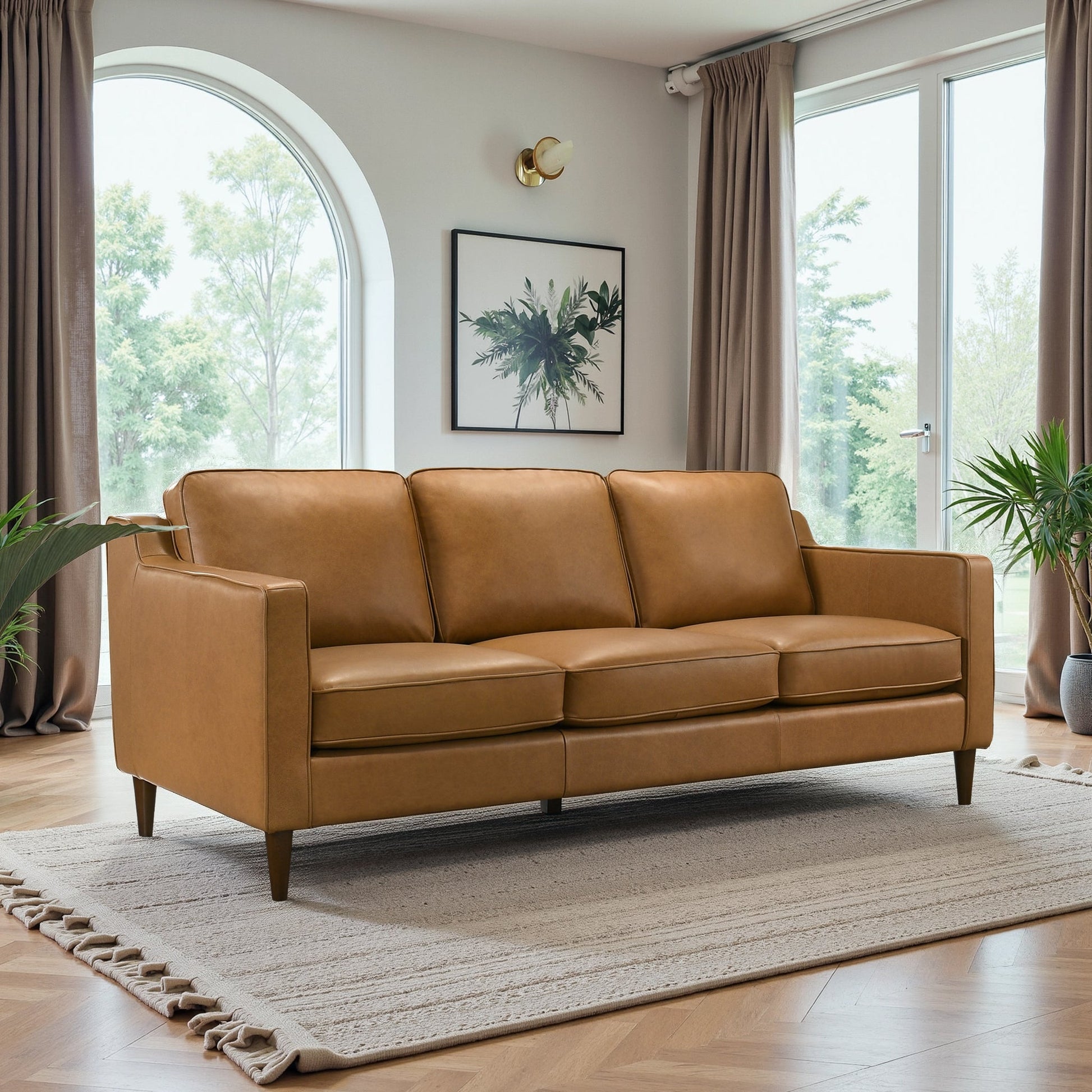 Cooper Mid-Century Modern Tan Genuine Leather Sofa