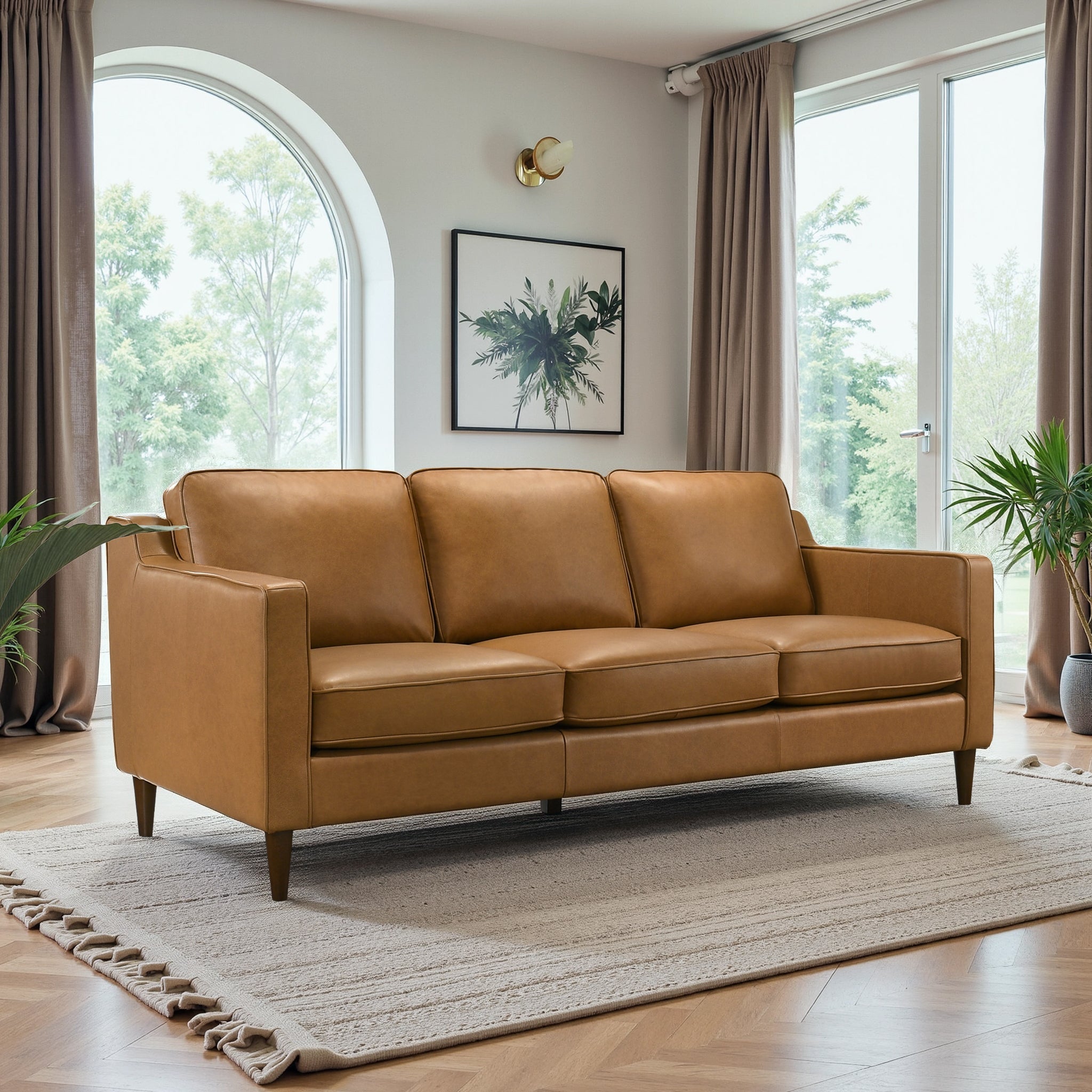 Cooper Mid-Century Modern Tan Genuine Leather Sofa
