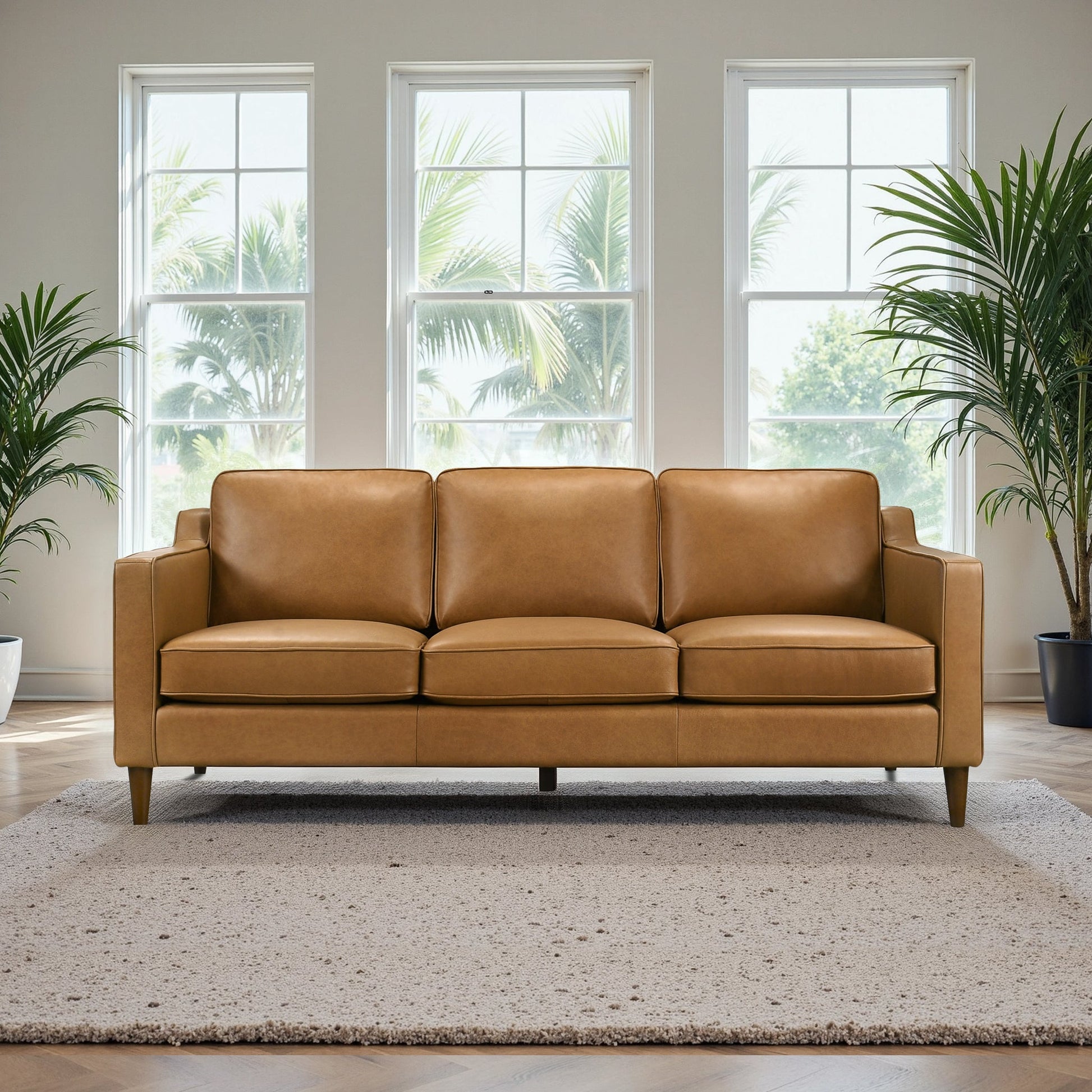 Cooper Mid-Century Modern Tan Genuine Leather Sofa