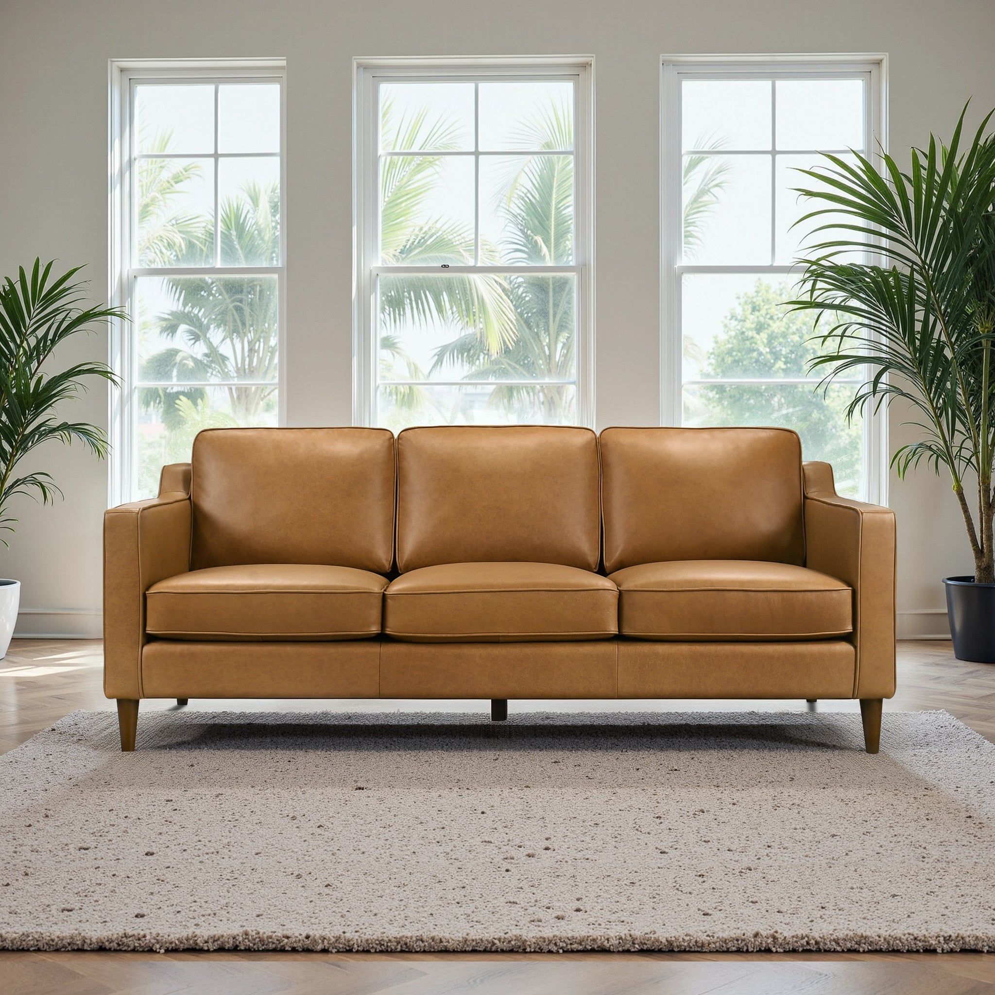 Cooper Mid-Century Modern Tan Genuine Leather Sofa