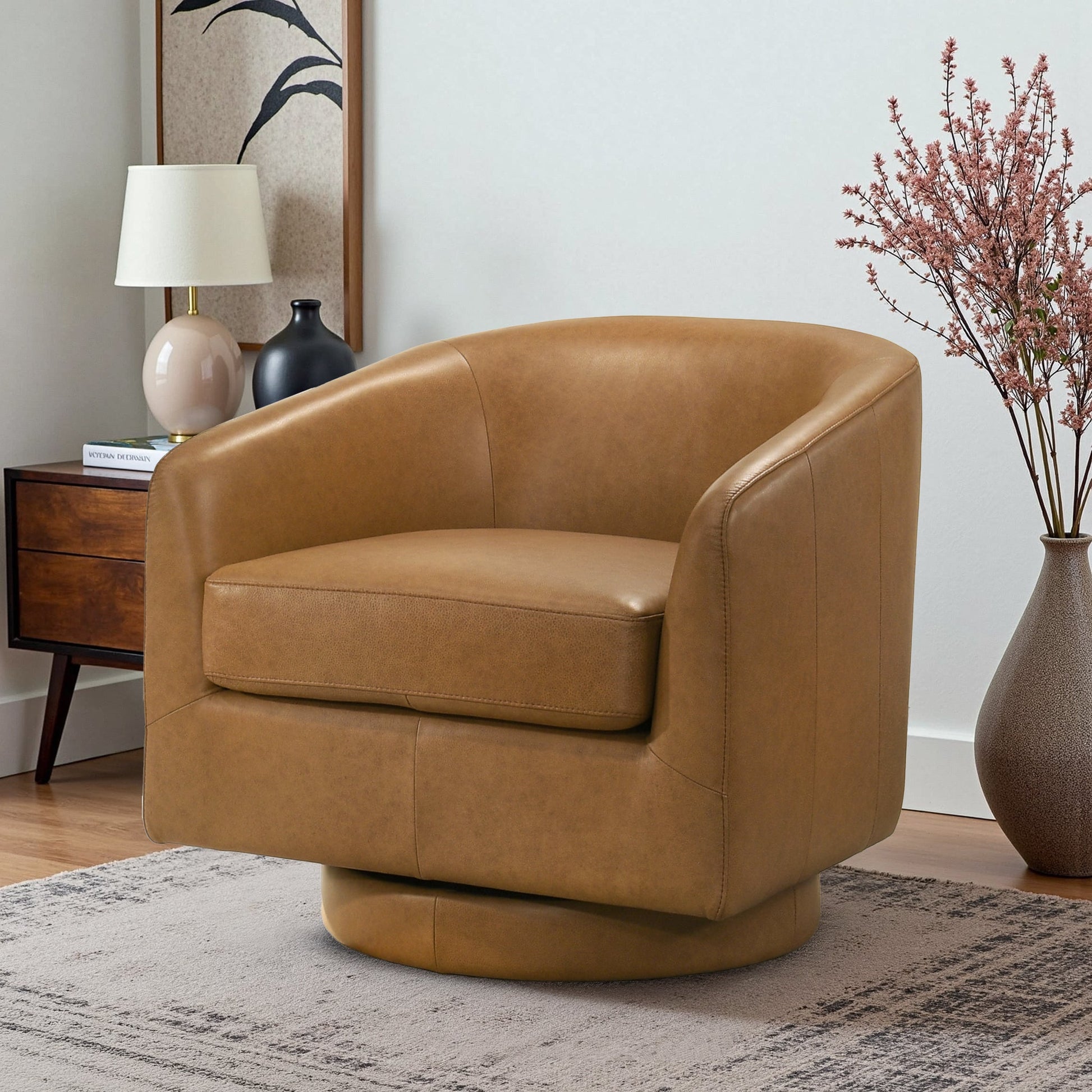 Danville Top-Grain Leather 360° Swivel Accent Chair with Round Base