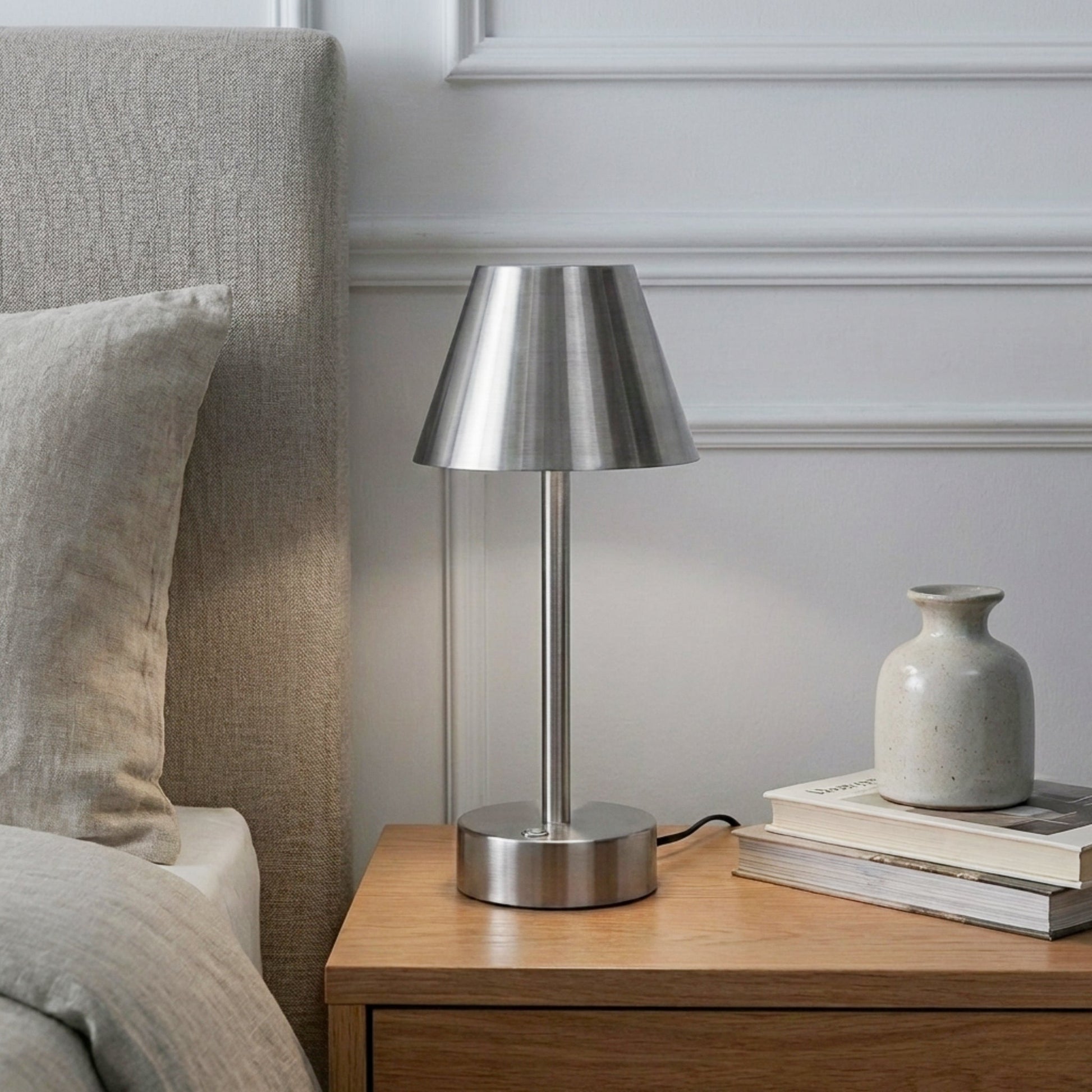 Elegance Rechargeable LED Table Lamp | Cordless Brushed Nickel Touch Lamp | Foundry Luxury Leather Imports