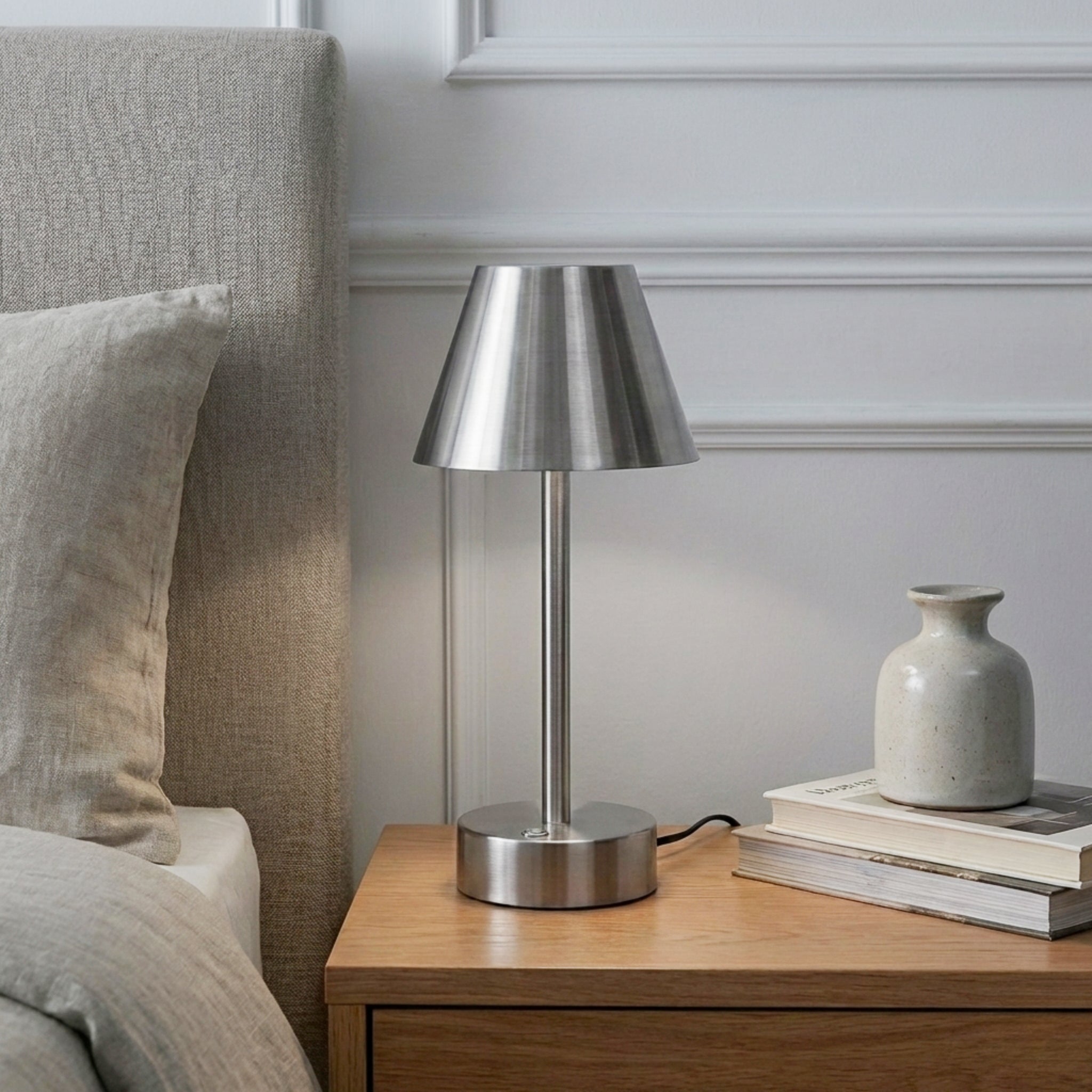Elegance Rechargeable LED Table Lamp | Cordless Brushed Nickel Touch Lamp | Foundry Luxury Leather Imports