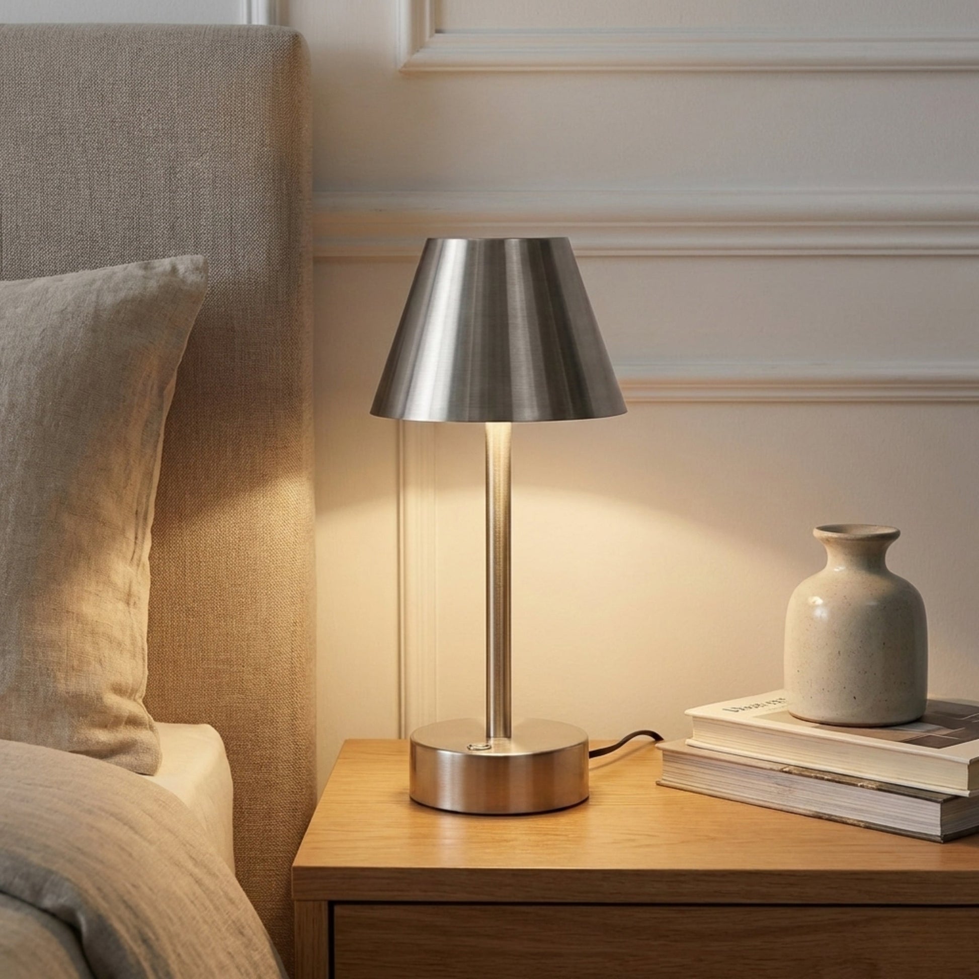 Elegance Rechargeable LED Table Lamp | Cordless Brushed Nickel Touch Lamp | Foundry Luxury Leather Imports
