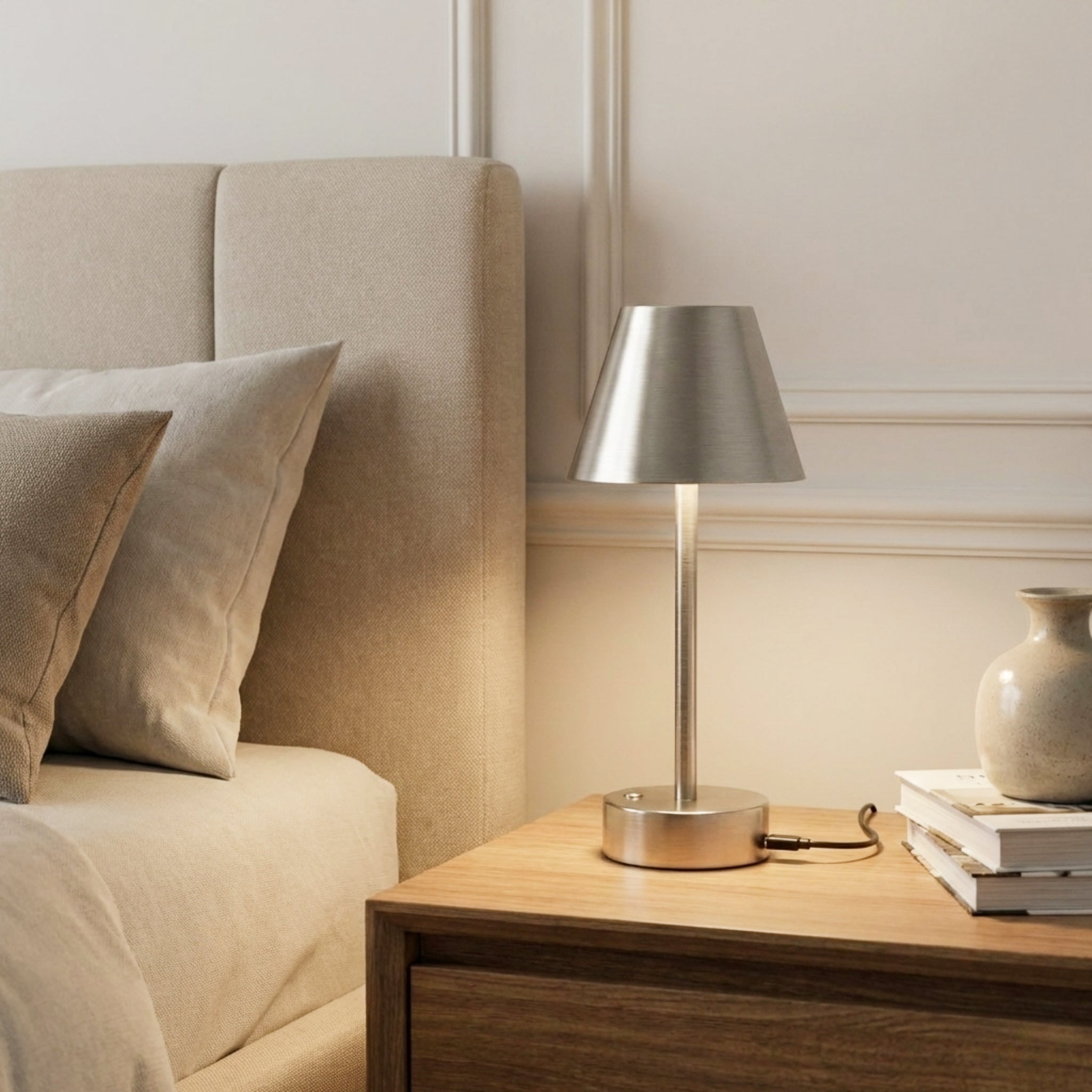 Elegance Rechargeable LED Table Lamp | Cordless Brushed Nickel Touch Lamp | Foundry Luxury Leather Imports