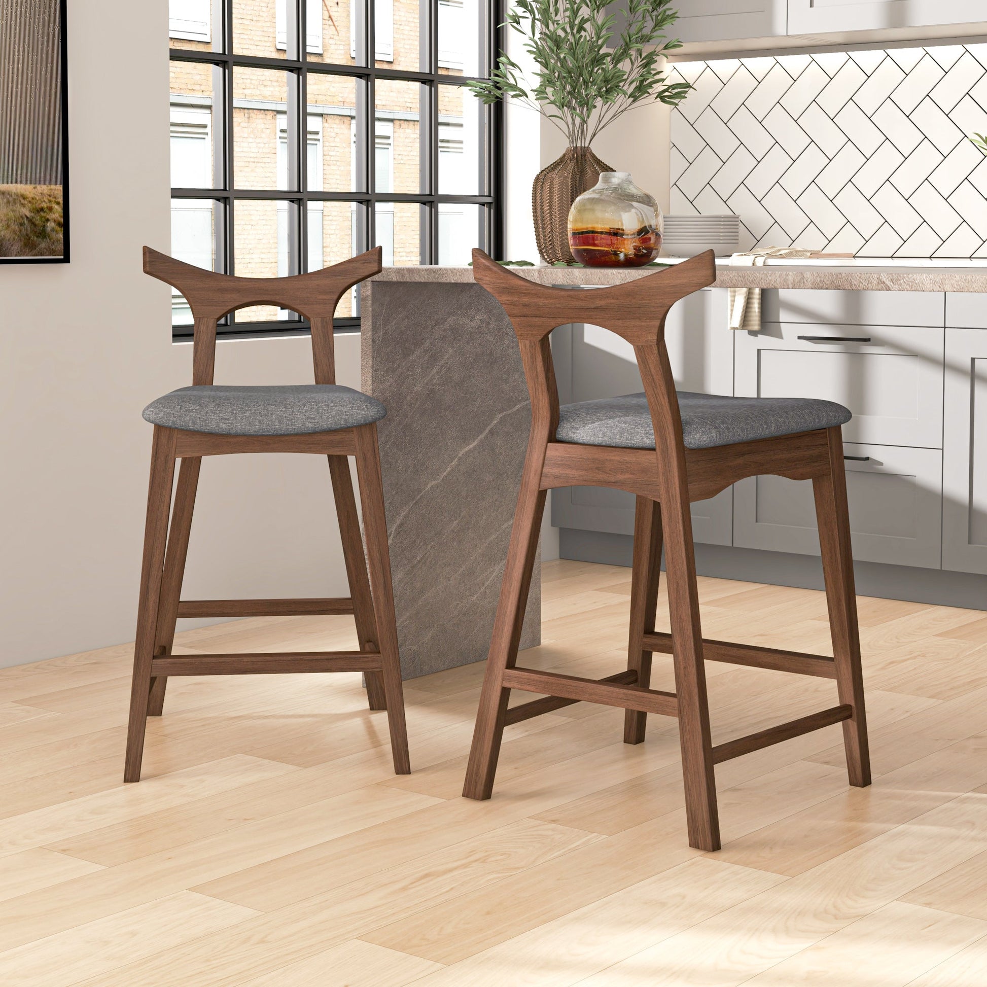 Hester Mid-Century Modern Set of Two Solid Wood Bar/Counter Chair