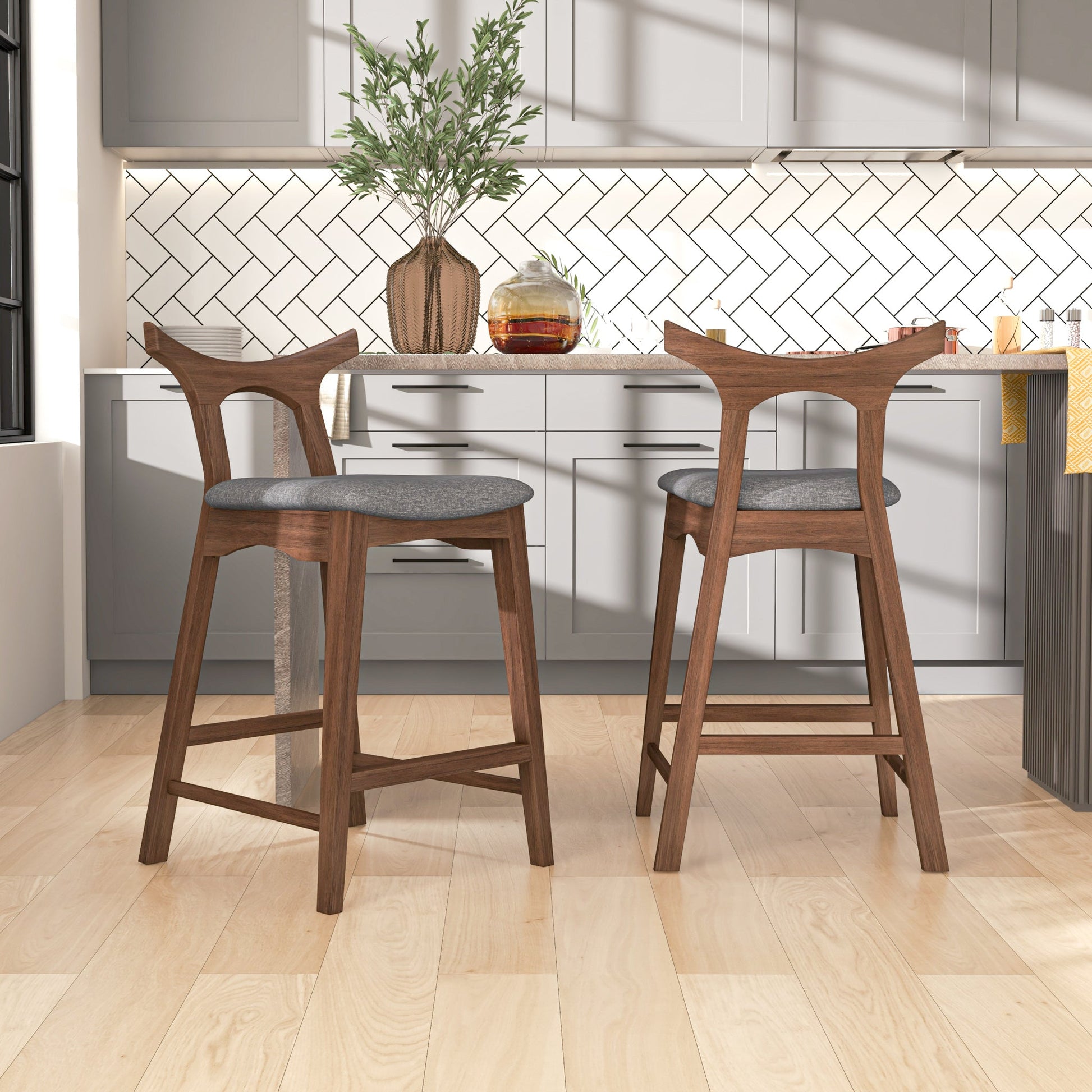 Hester Mid-Century Modern Set of Two Solid Wood Bar/Counter Chair