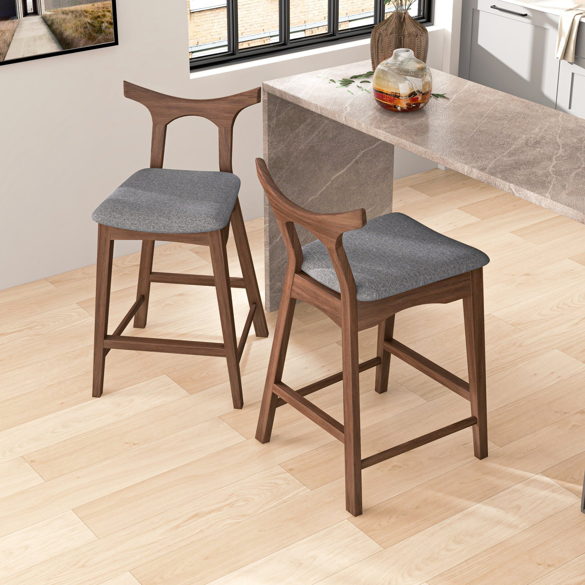 Hester Mid-Century Modern Set of Two Solid Wood Bar/Counter Chair