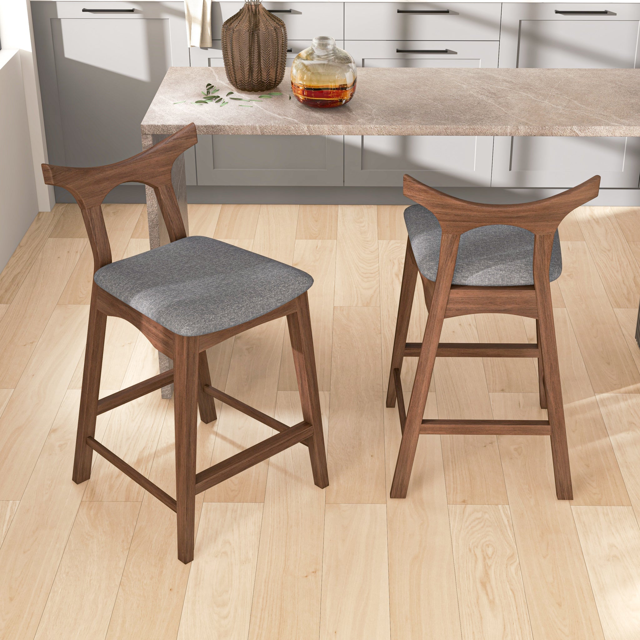 Hester Mid-Century Modern Set of Two Solid Wood Bar/Counter Chair