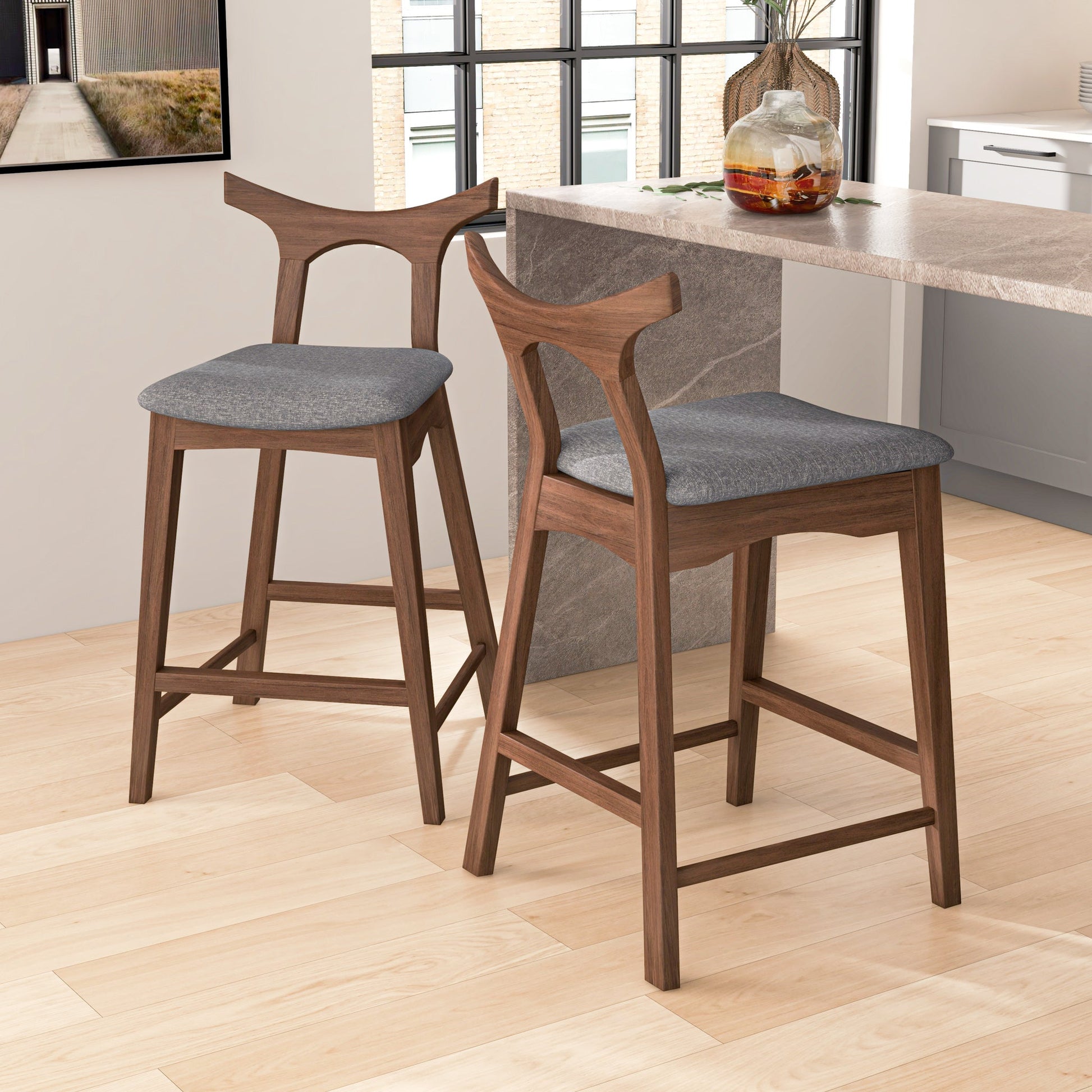 Hester Mid-Century Modern Set of Two Solid Wood Bar/Counter Chair