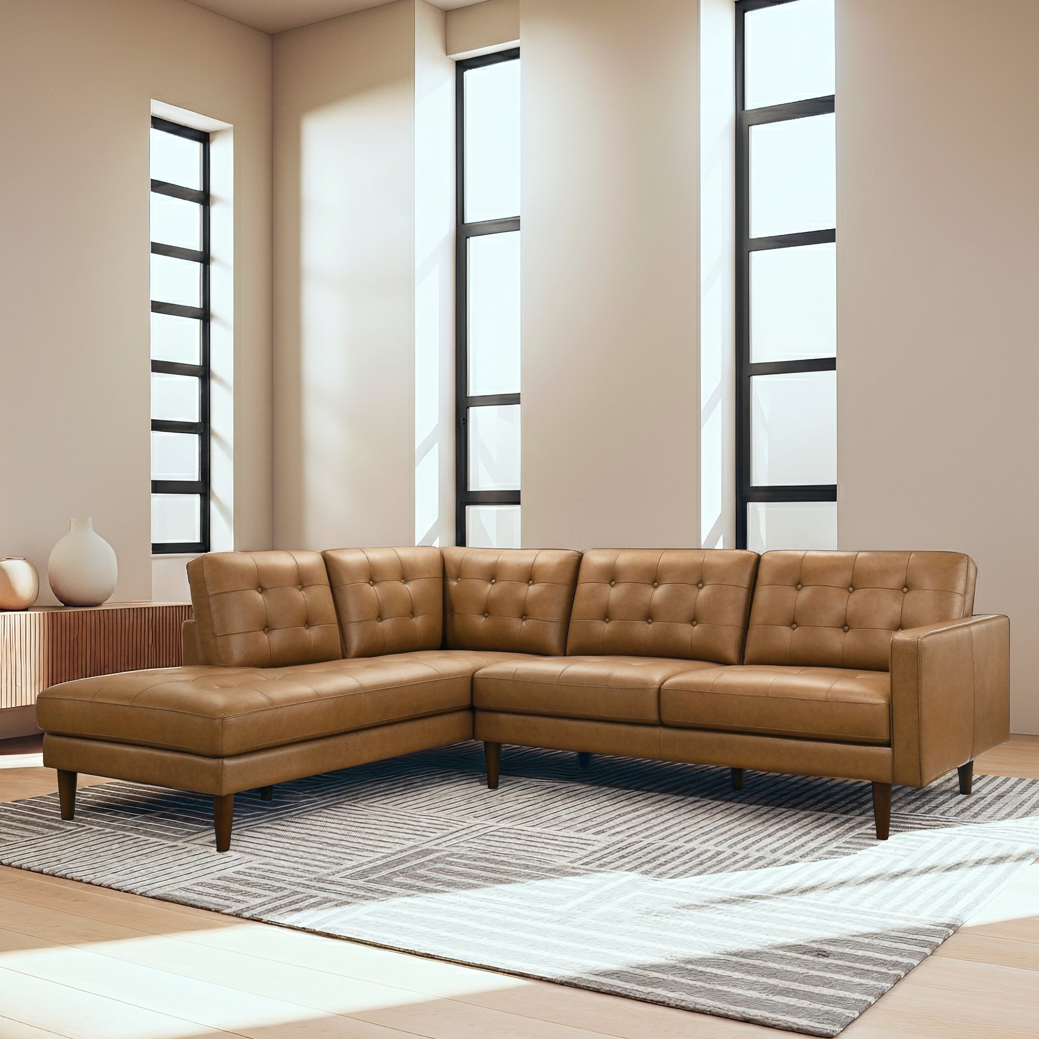 Lucco Top-Grain Leather Sectional Sofa and Chaise with Solid Wood Legs