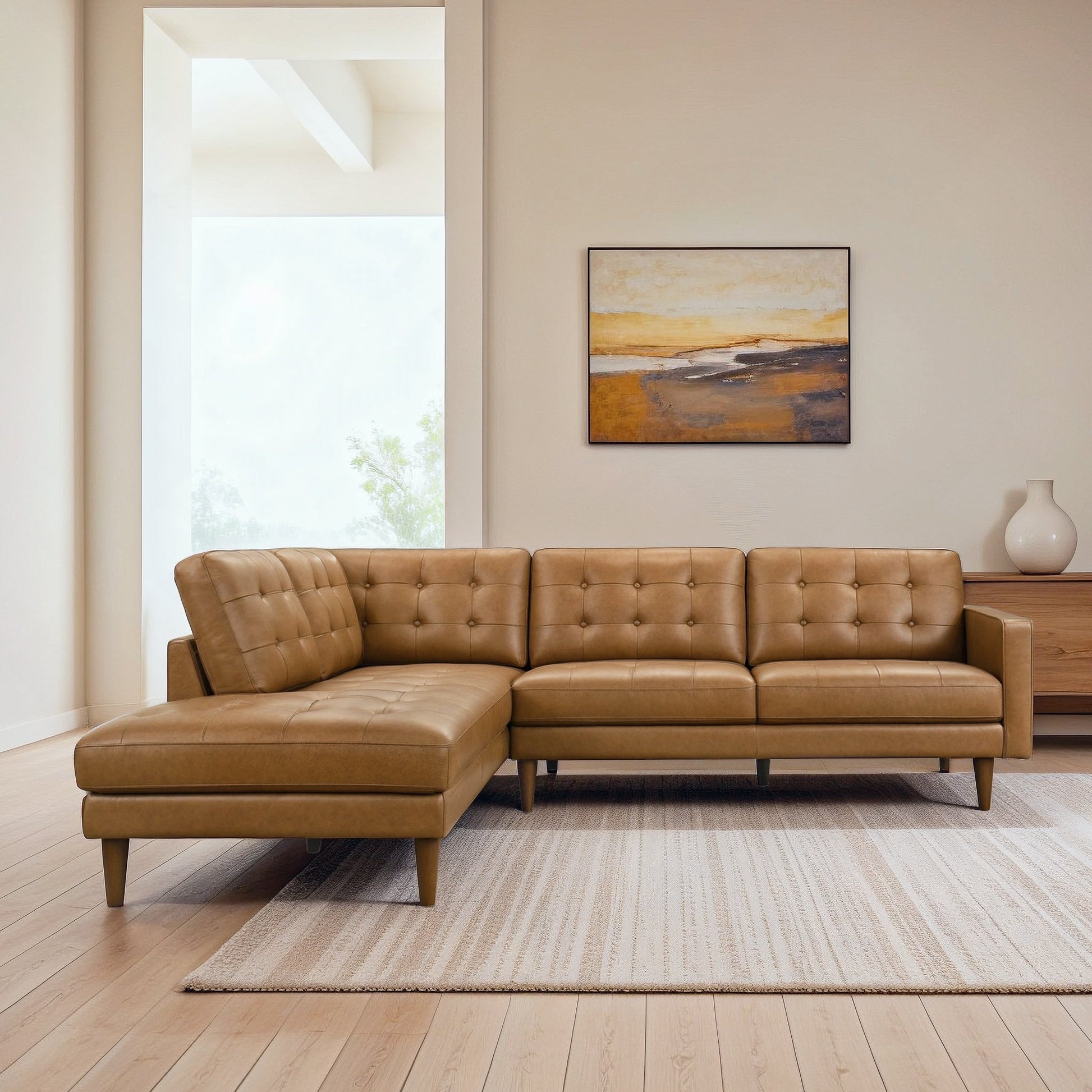 Lucco Top-Grain Leather Sectional Sofa and Chaise with Solid Wood Legs
