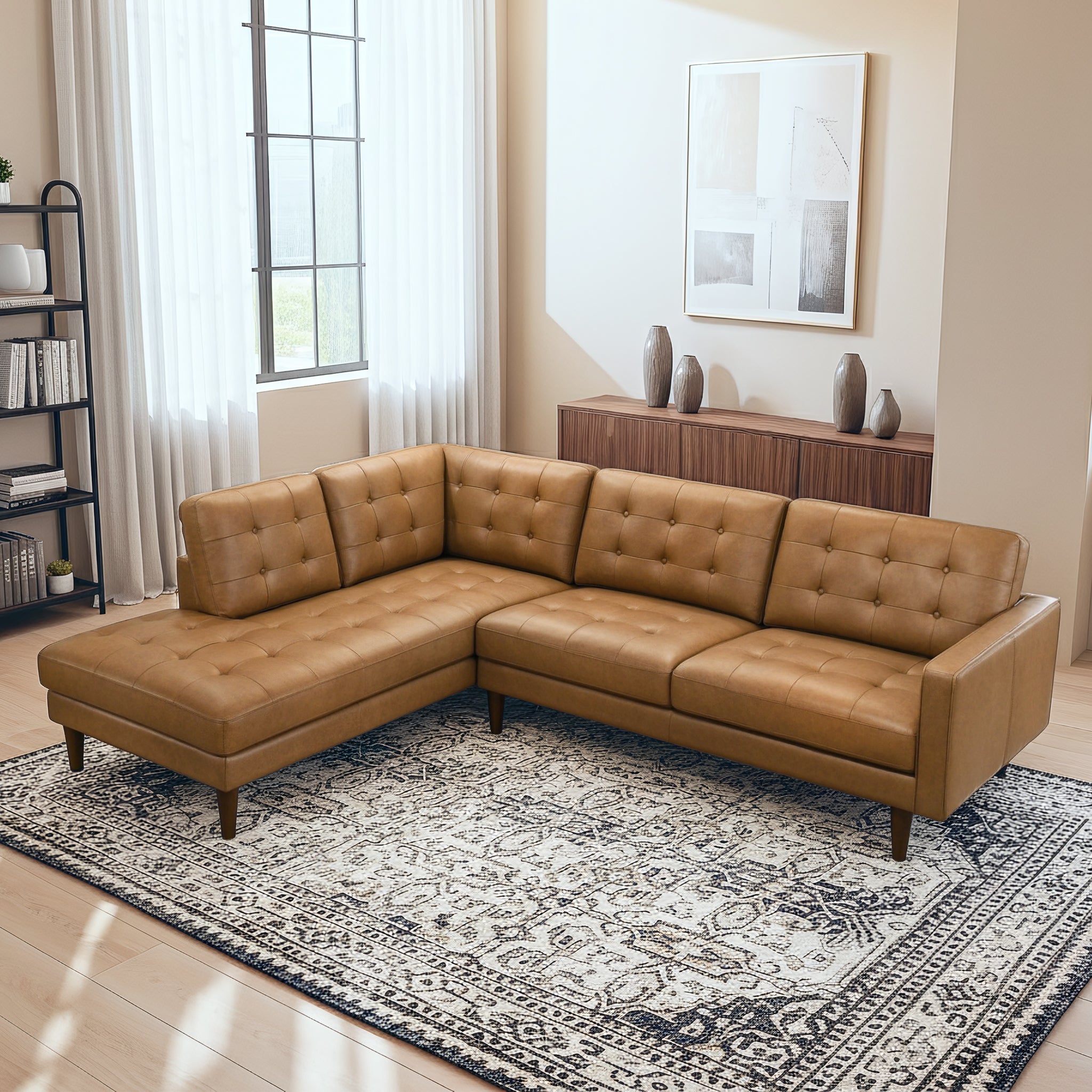 Lucco Top-Grain Leather Sectional Sofa and Chaise with Solid Wood Legs